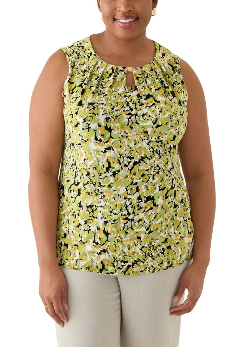 Plus Size Multi Print Sleeveless Pleat Neck Knit Top with Hardware 