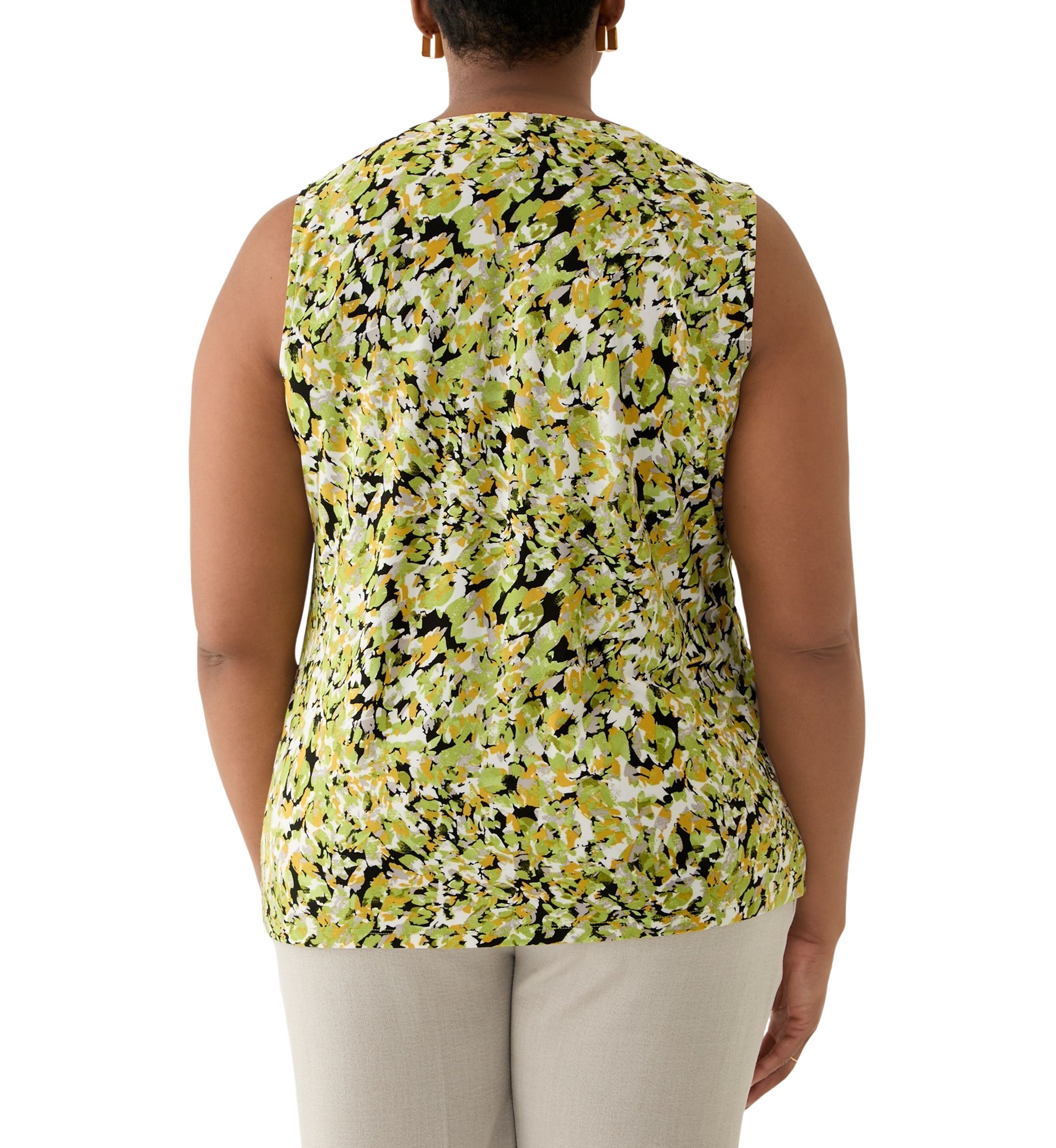 Plus Size Multi Print Sleeveless Pleat Neck Knit Top with Hardware 
