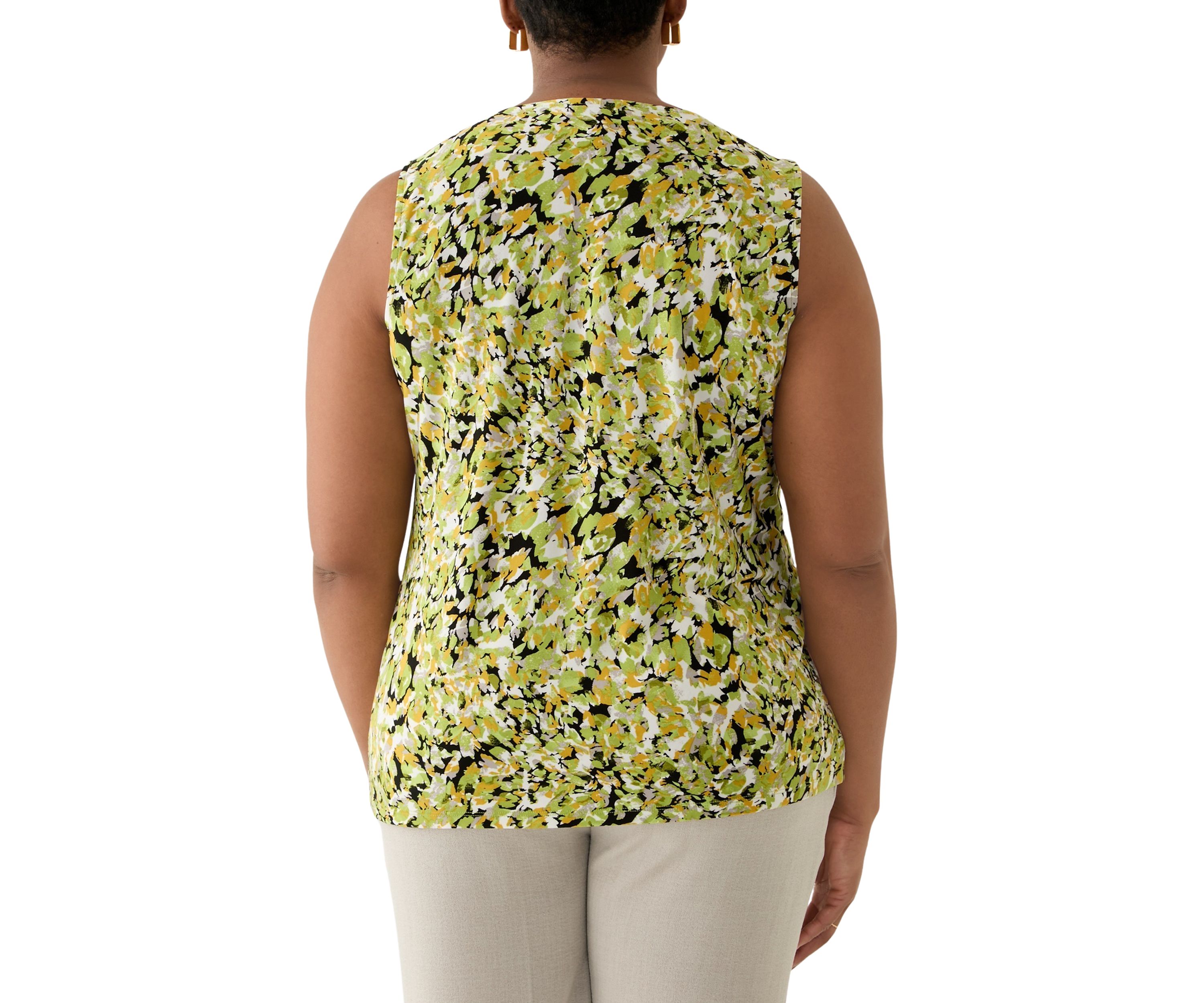 Plus Size Multi Print Sleeveless Pleat Neck Knit Top with Hardware 