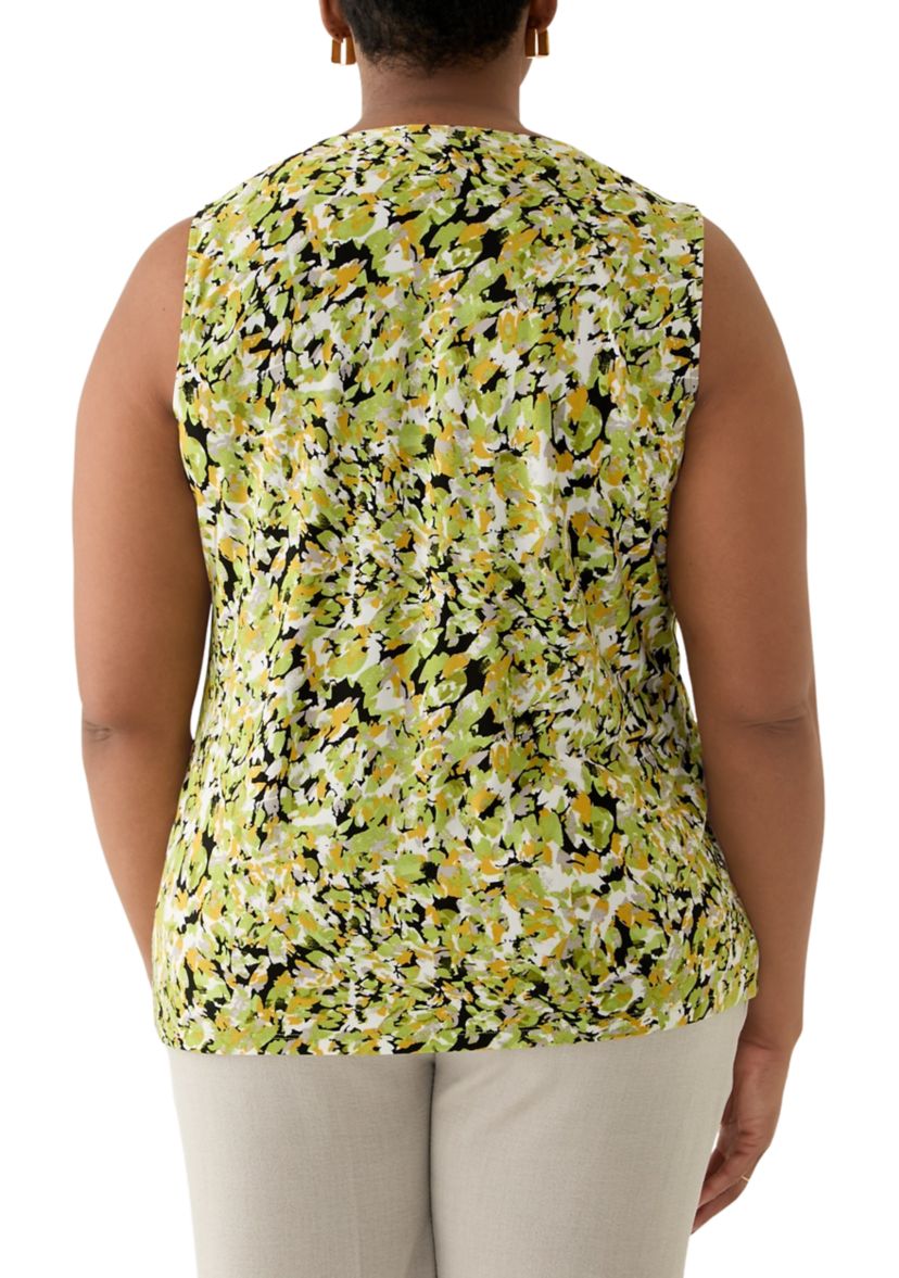 Plus Size Multi Print Sleeveless Pleat Neck Knit Top with Hardware 