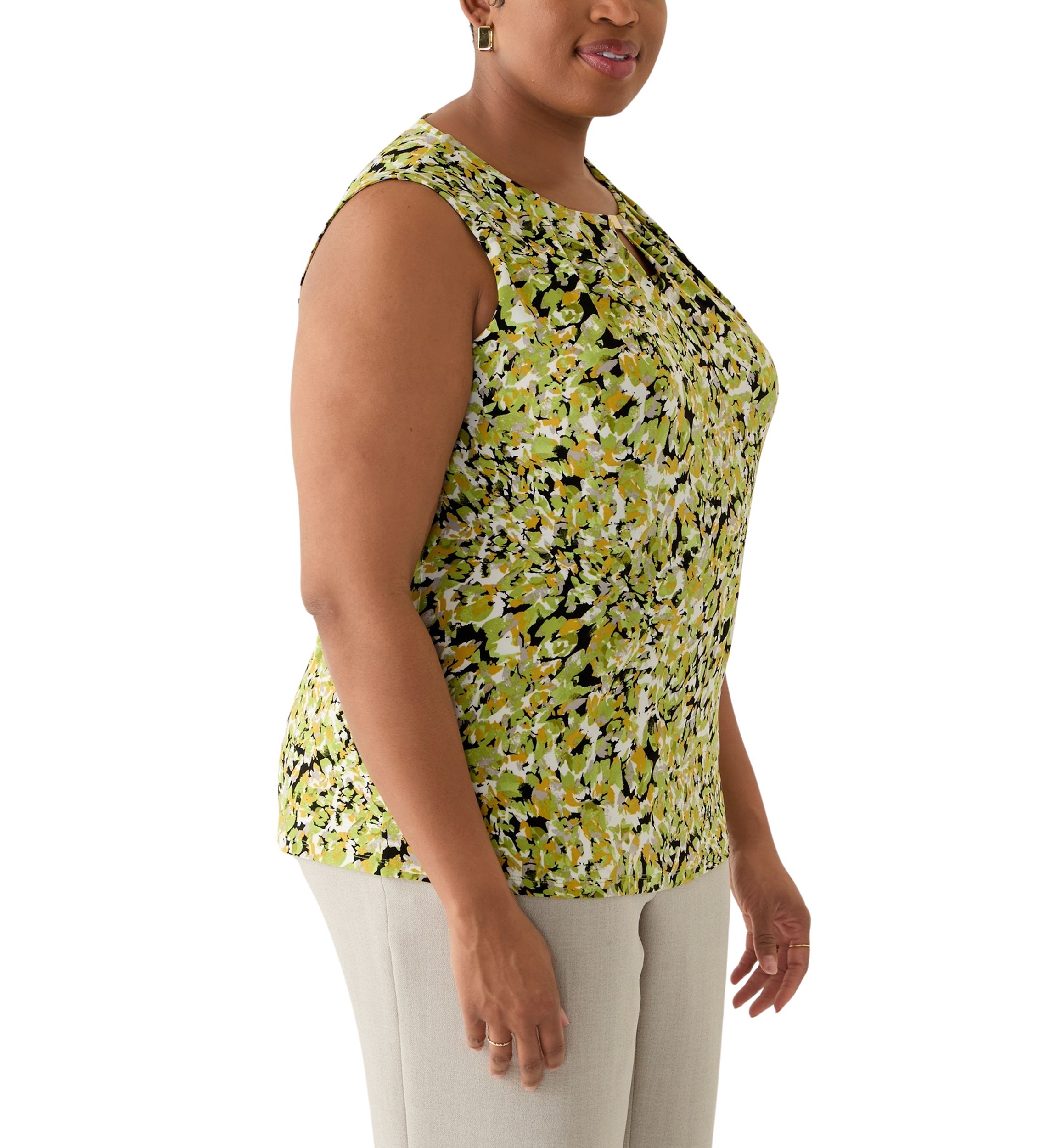 Plus Size Multi Print Sleeveless Pleat Neck Knit Top with Hardware 