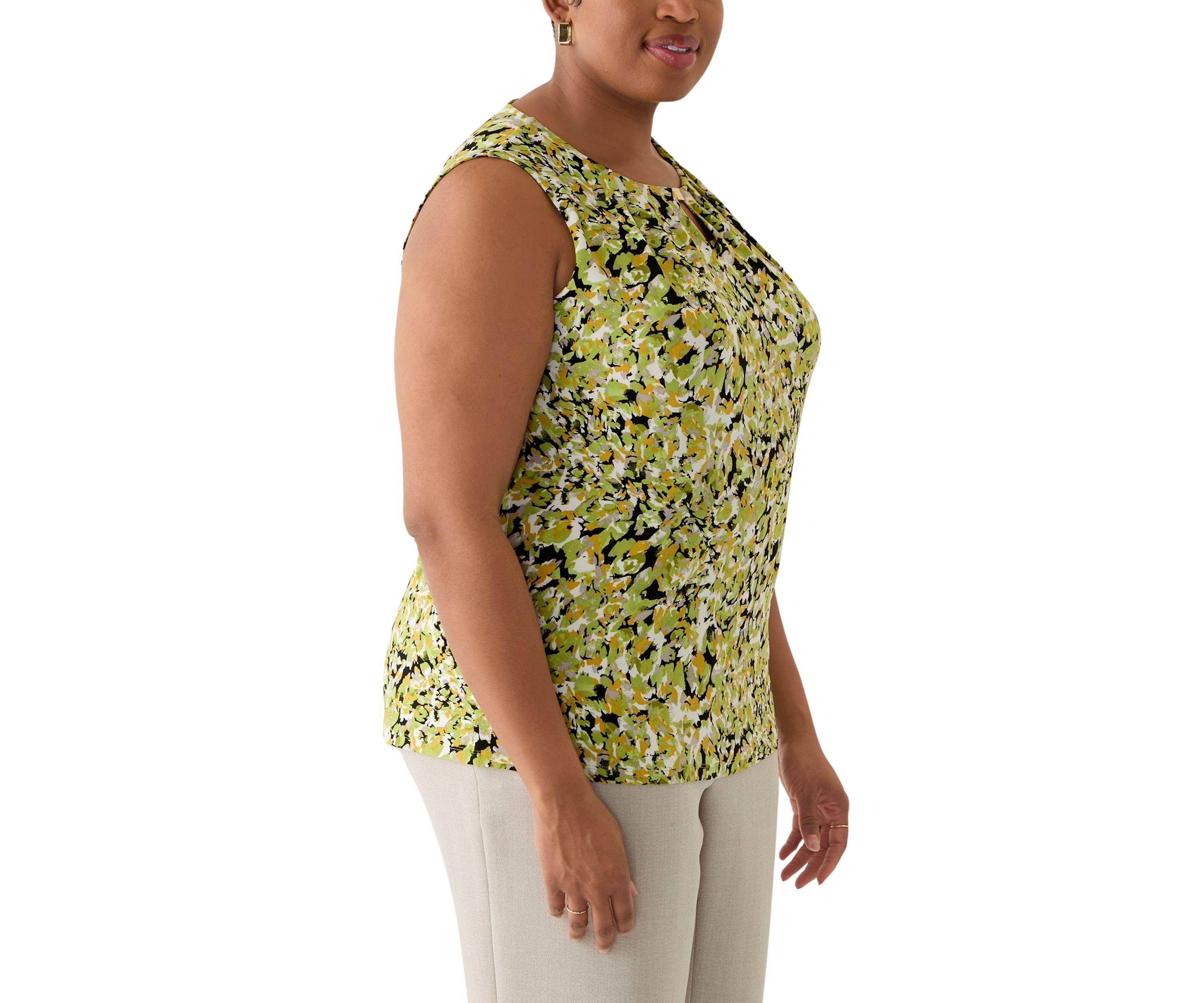 Plus Size Multi Print Sleeveless Pleat Neck Knit Top with Hardware 