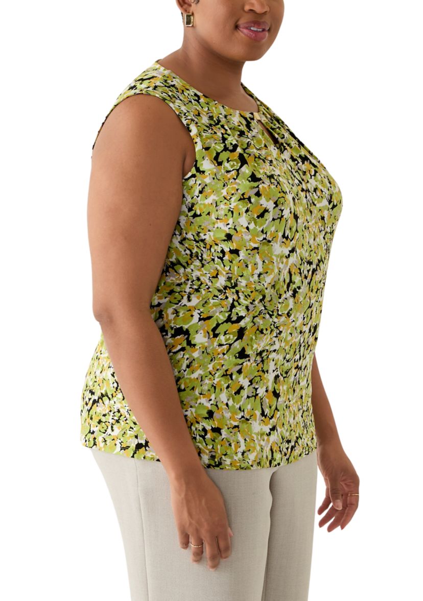 Plus Size Multi Print Sleeveless Pleat Neck Knit Top with Hardware 