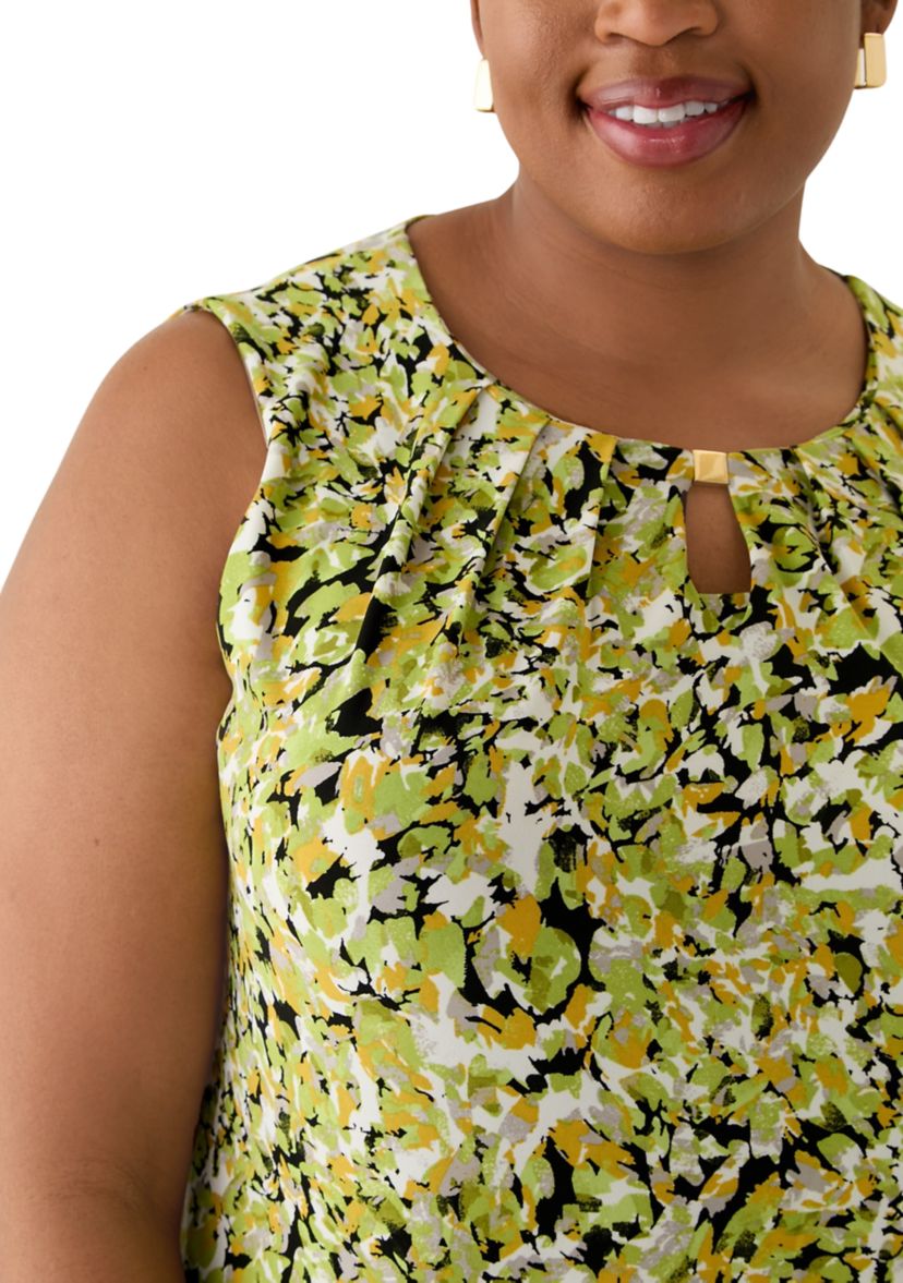 Plus Size Multi Print Sleeveless Pleat Neck Knit Top with Hardware 