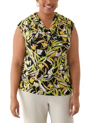 Kasper Women's Plus Size Brushstroke Floral Print Sleeveless Cowl Neck Top