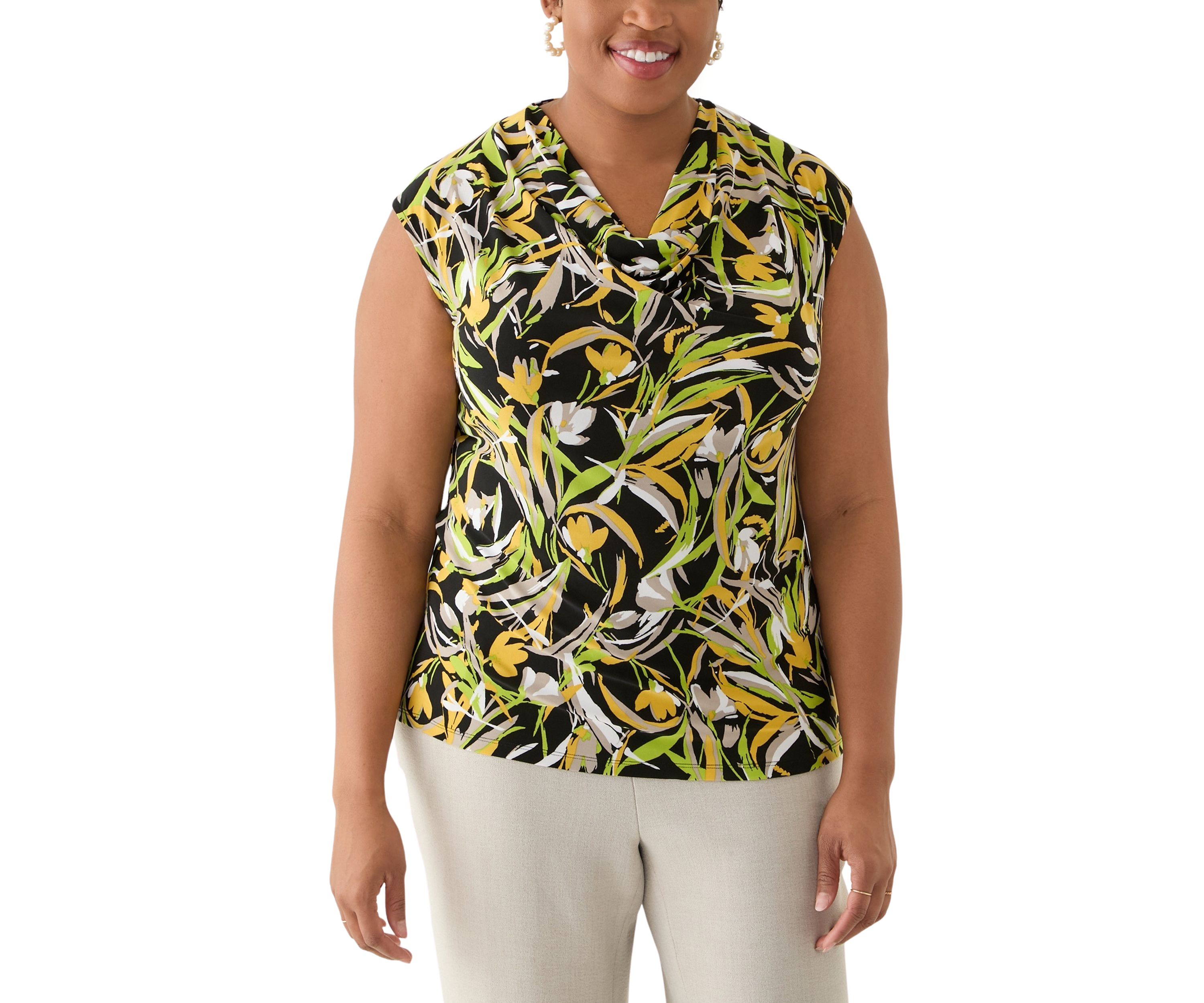 Plus Size Brushstroke Floral Print Sleeveless Cowl Neck Top 