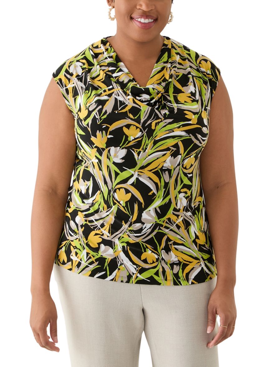 Plus Size Brushstroke Floral Print Sleeveless Cowl Neck Top 