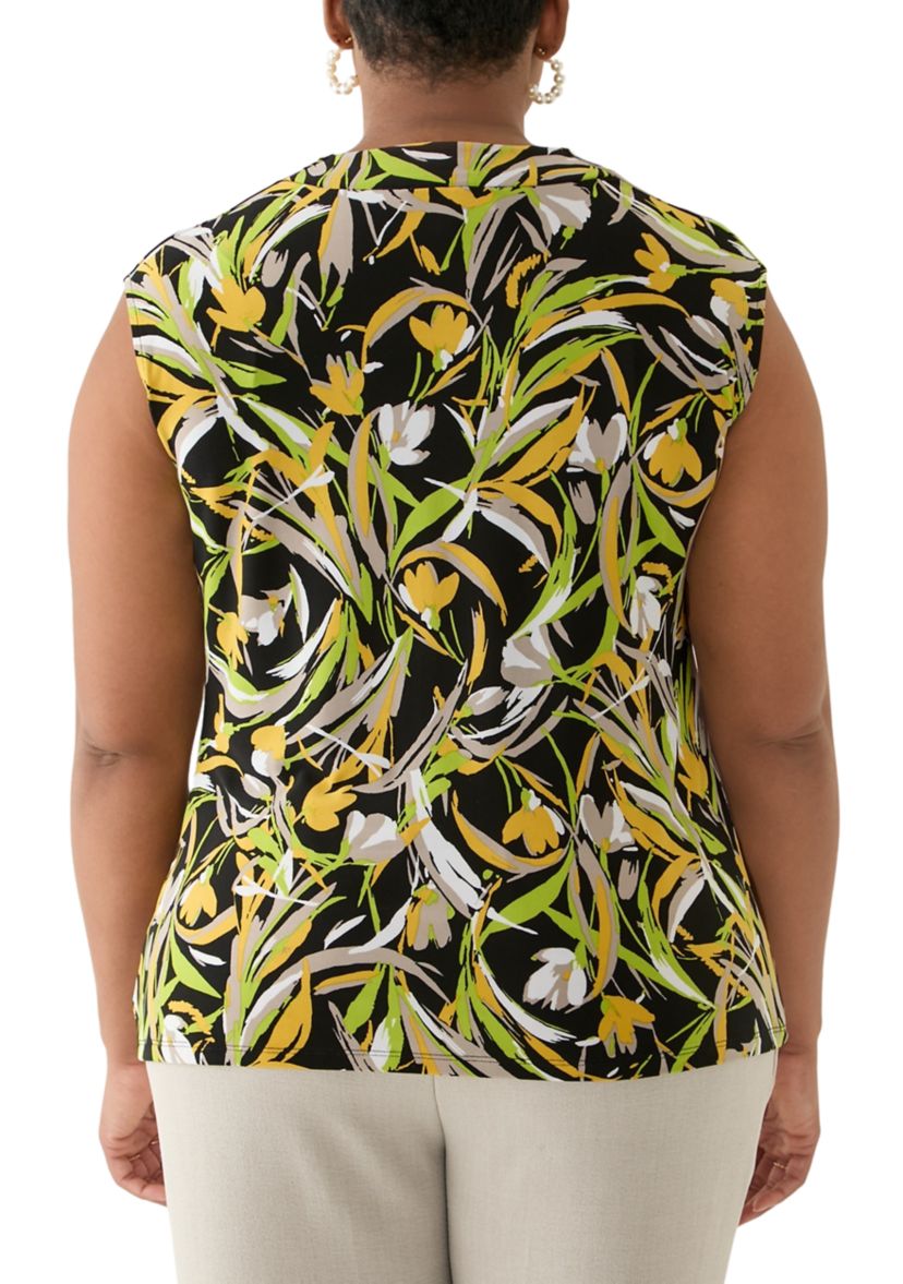 Plus Size Brushstroke Floral Print Sleeveless Cowl Neck Top 
