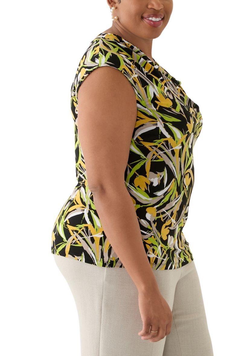 Plus Size Brushstroke Floral Print Sleeveless Cowl Neck Top 