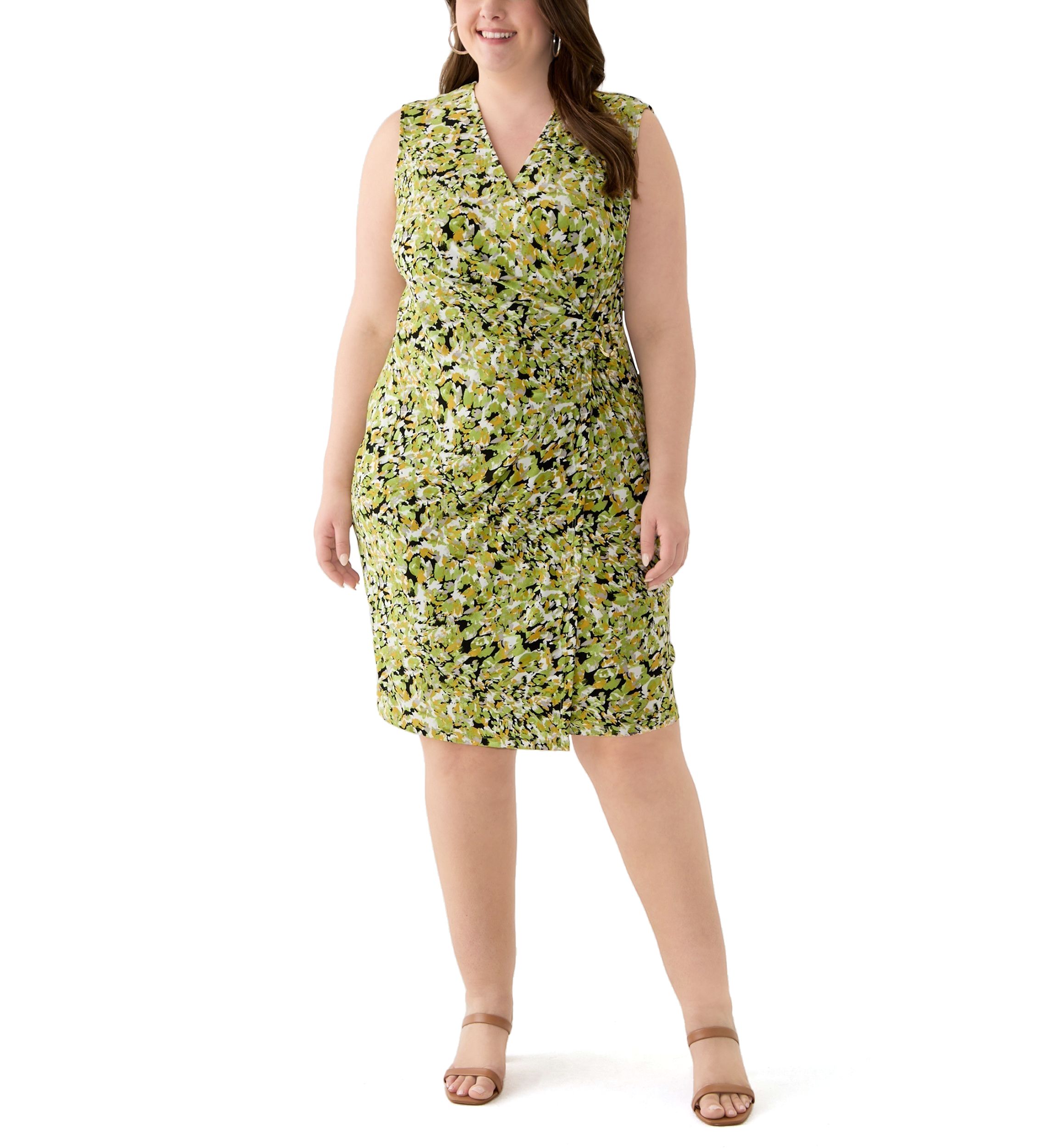 Plus Size Multi Print Sleeveless Wrap Dress with Buckle 