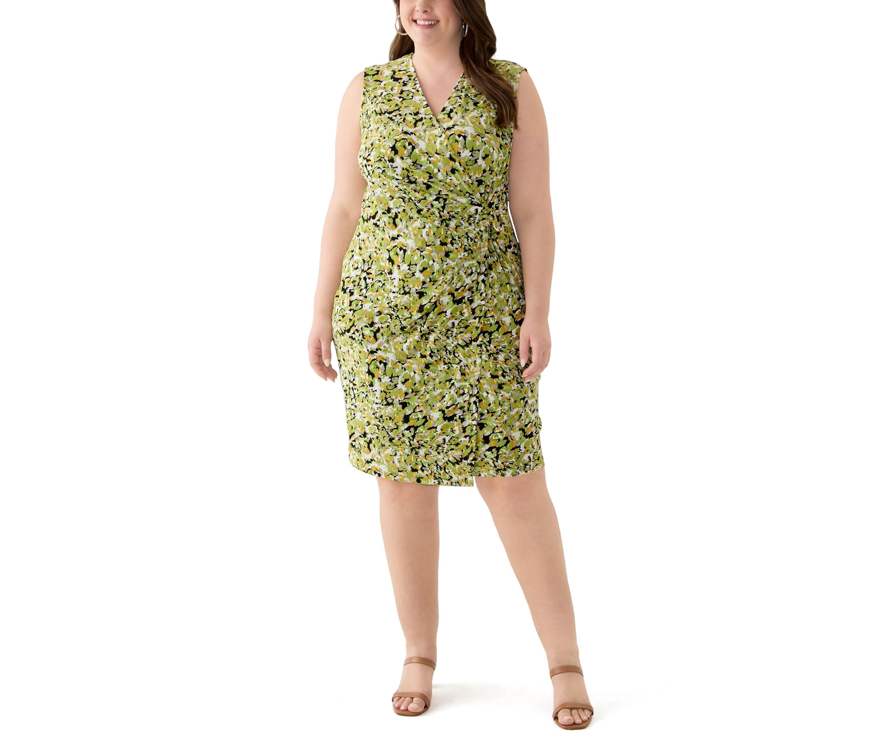 Plus Size Multi Print Sleeveless Wrap Dress with Buckle 