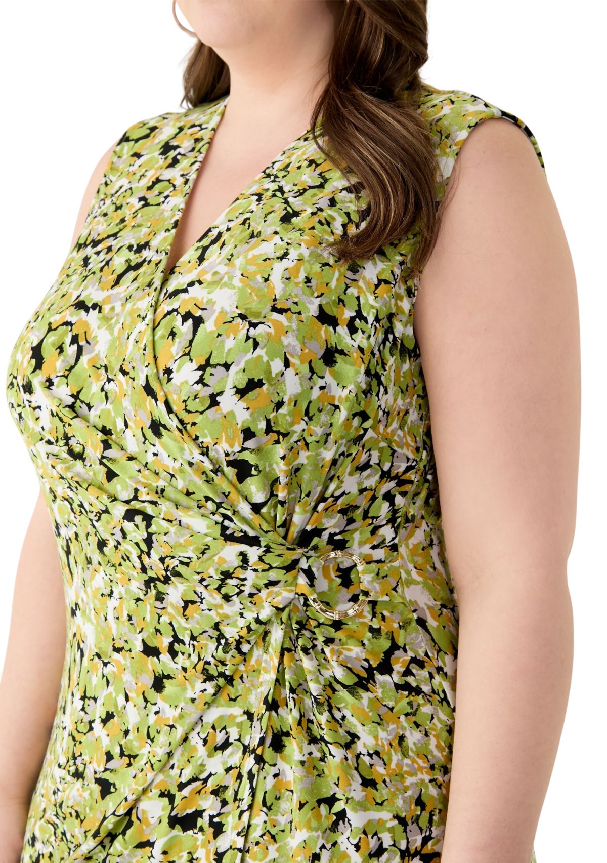 Plus Size Multi Print Sleeveless Wrap Dress with Buckle 
