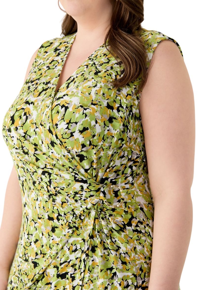 Plus Size Multi Print Sleeveless Wrap Dress with Buckle 