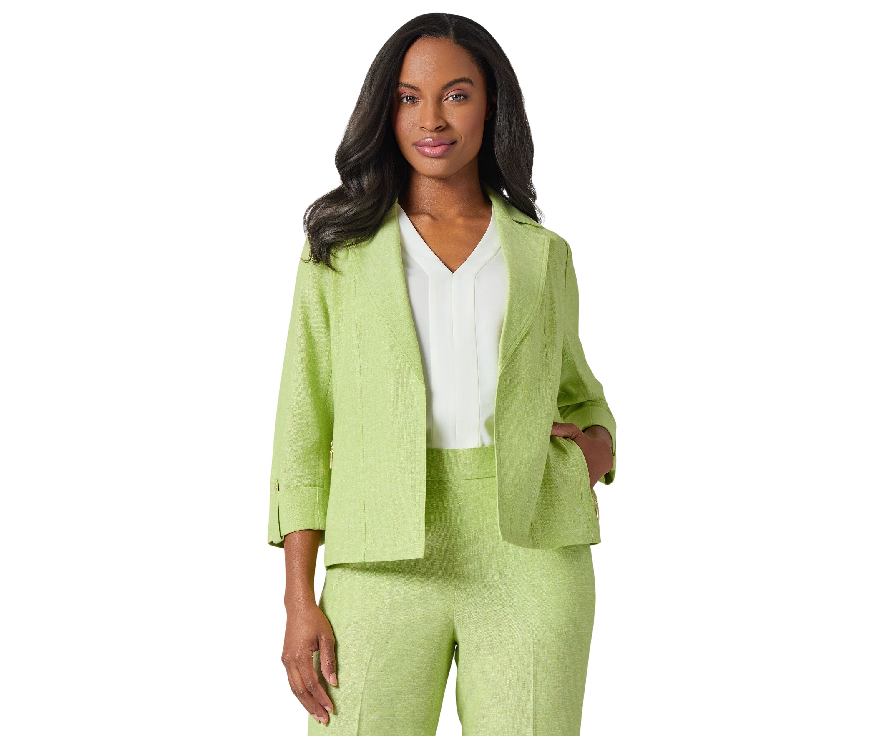 Womens Cross Dye Linen Seamed Open Jacket 