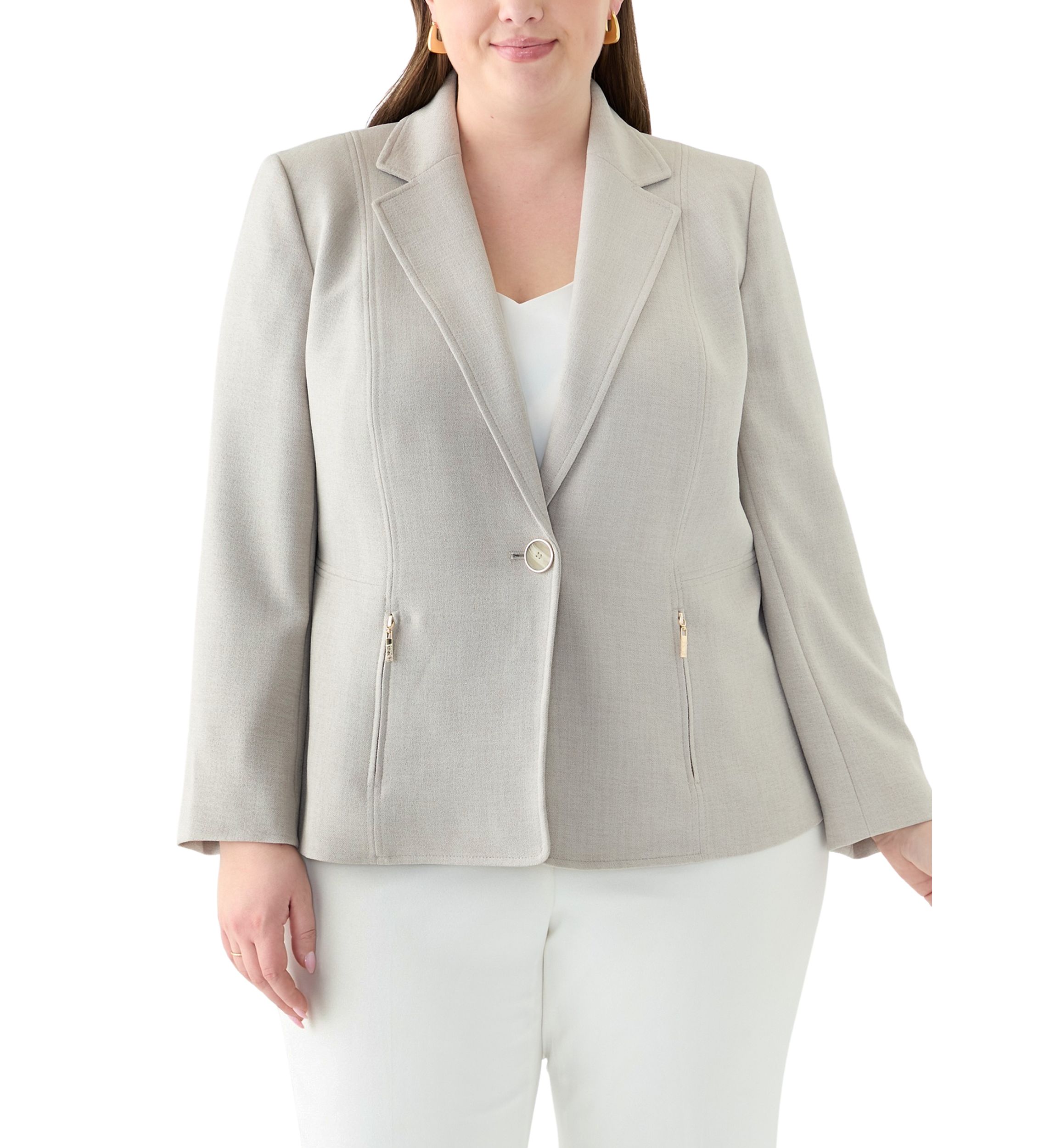Plus Size Pebble Crepe One Button Jacket with Zip Pockets 