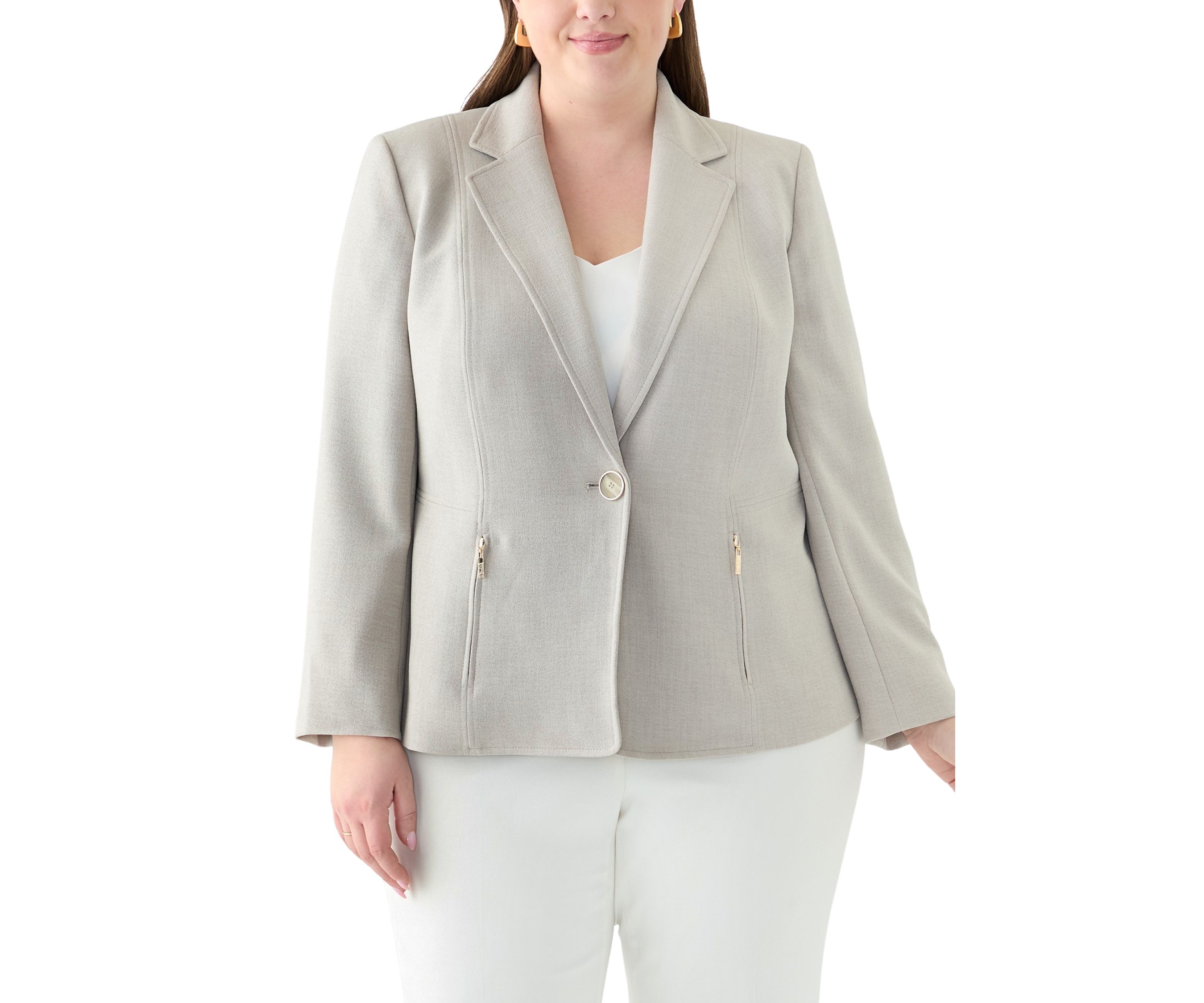 Plus Size Pebble Crepe One Button Jacket with Zip Pockets 