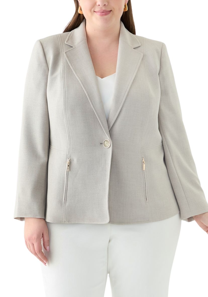 Plus Size Pebble Crepe One Button Jacket with Zip Pockets 