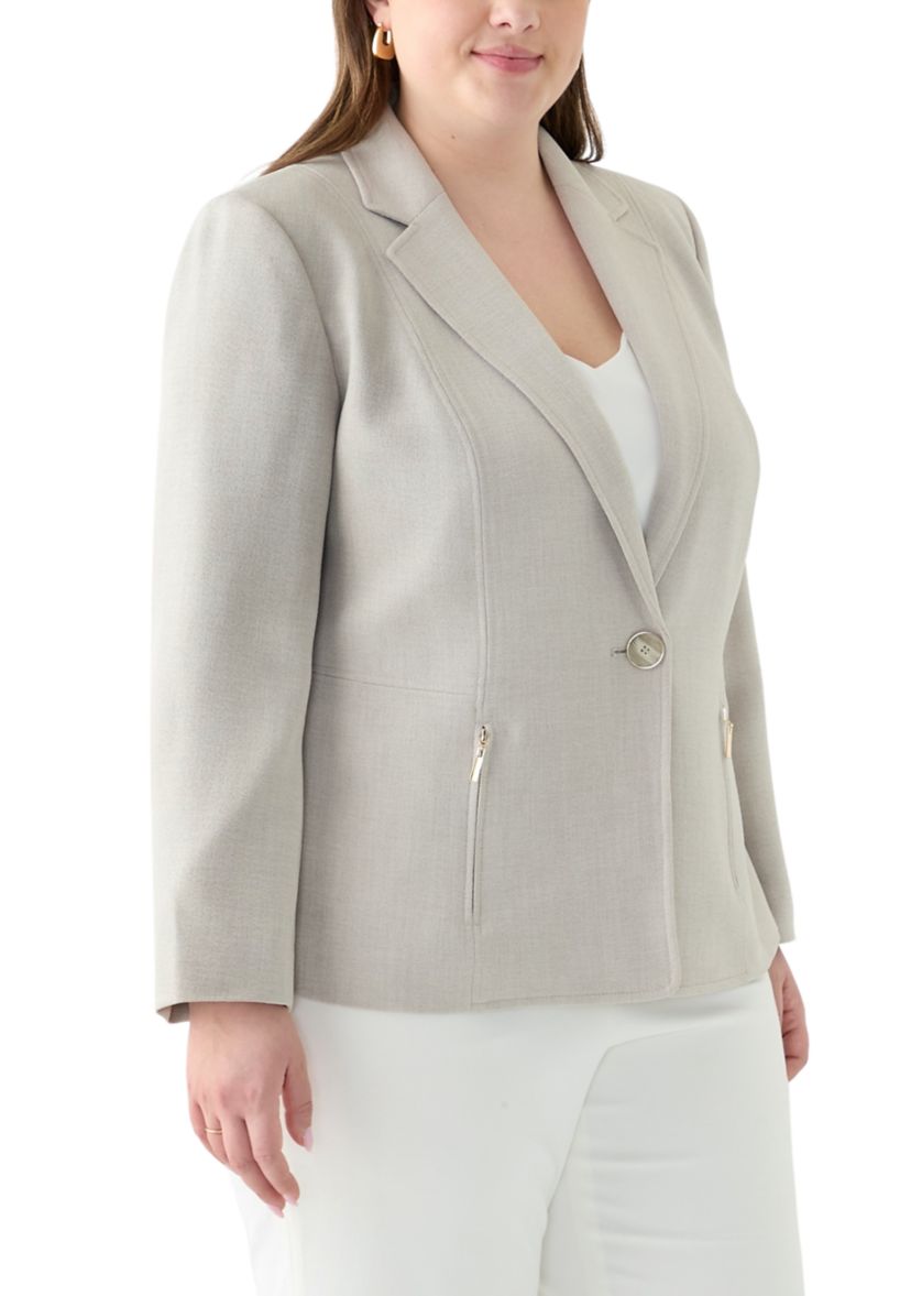 Plus Size Pebble Crepe One Button Jacket with Zip Pockets 
