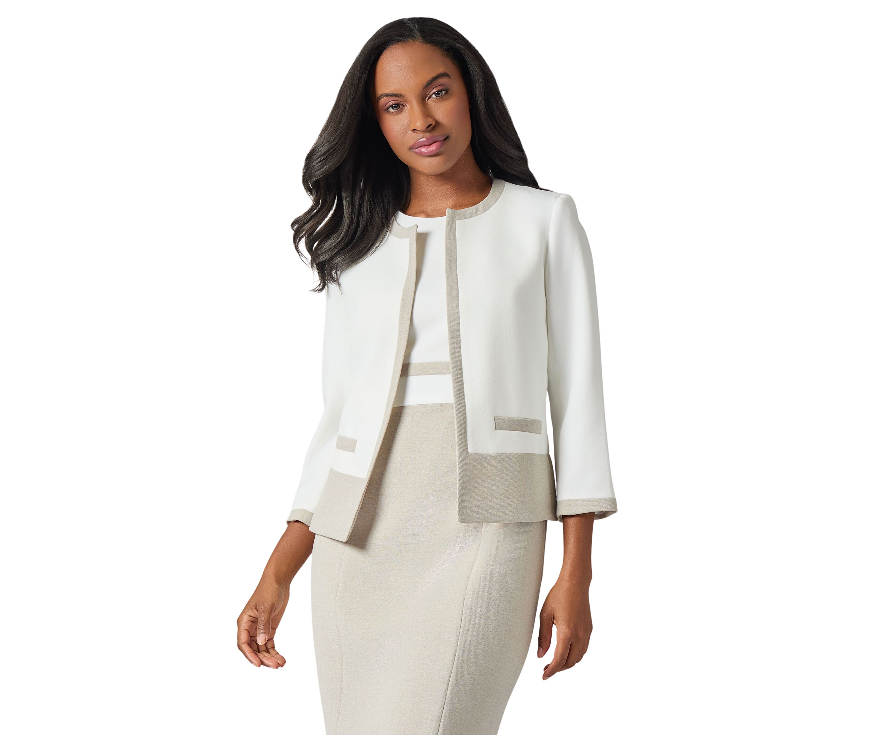 Womens Stretch Crepe Color Block Cardigan Jacket 