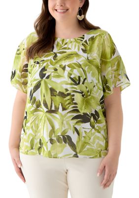 Kasper Women's Plus Size Palm Print Flare Short Sleeve Blouse