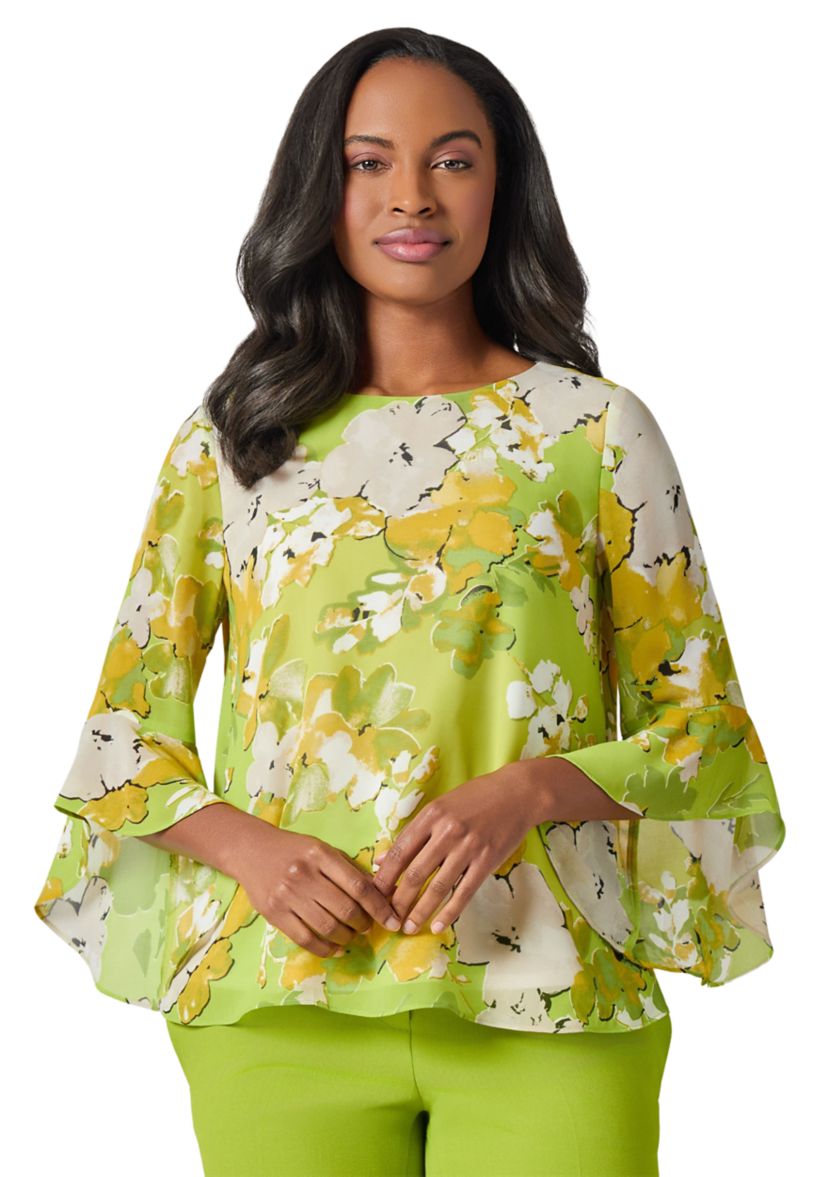 Sketch Floral Print Ruffle Sleeve Blouse 