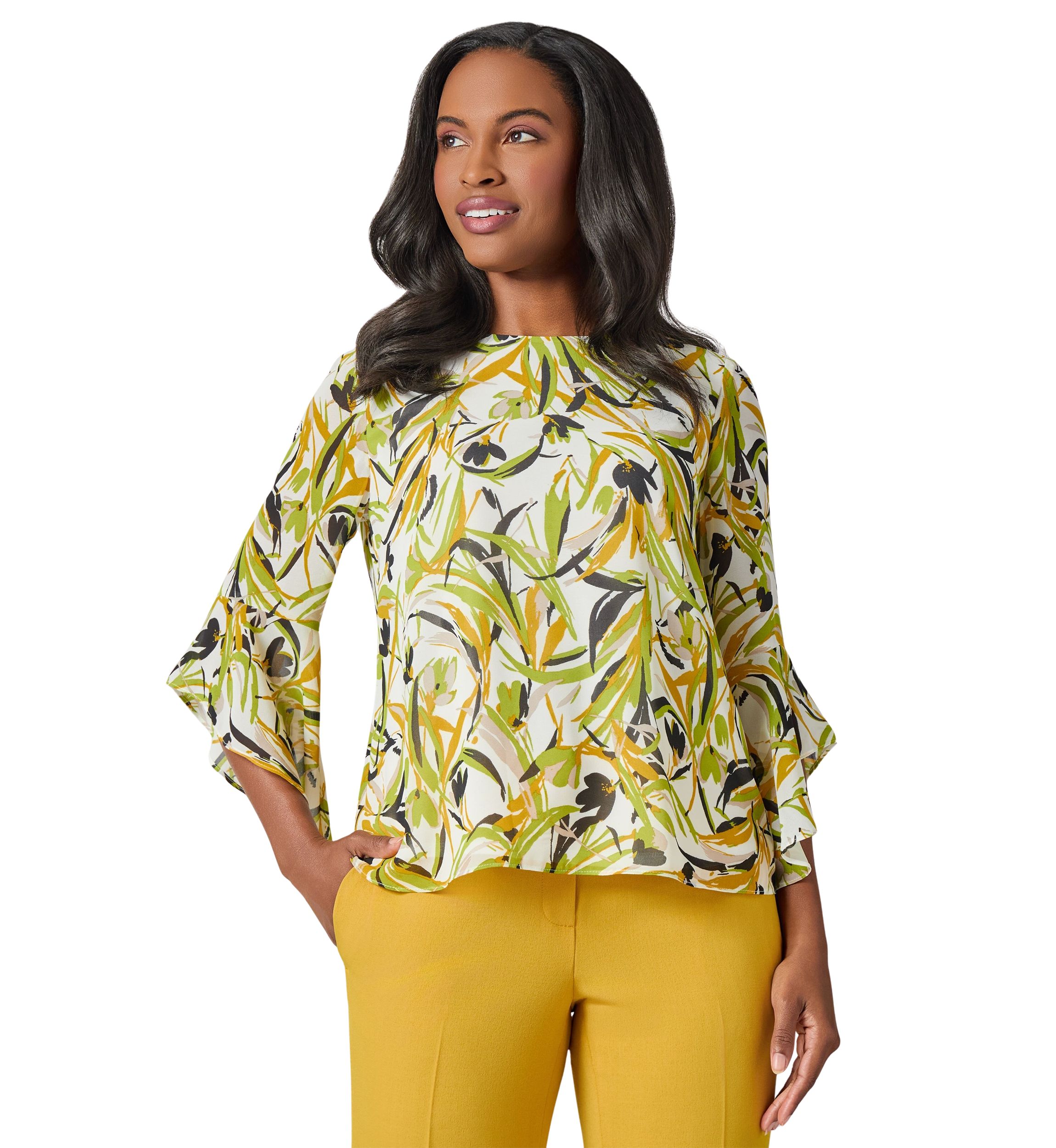 Womens Brushstroke Floral Print Ruffle Sleeve Blouse 