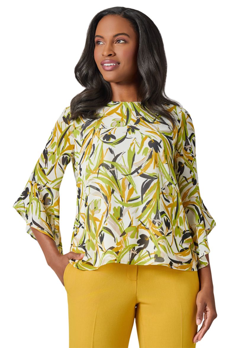 Womens Brushstroke Floral Print Ruffle Sleeve Blouse 