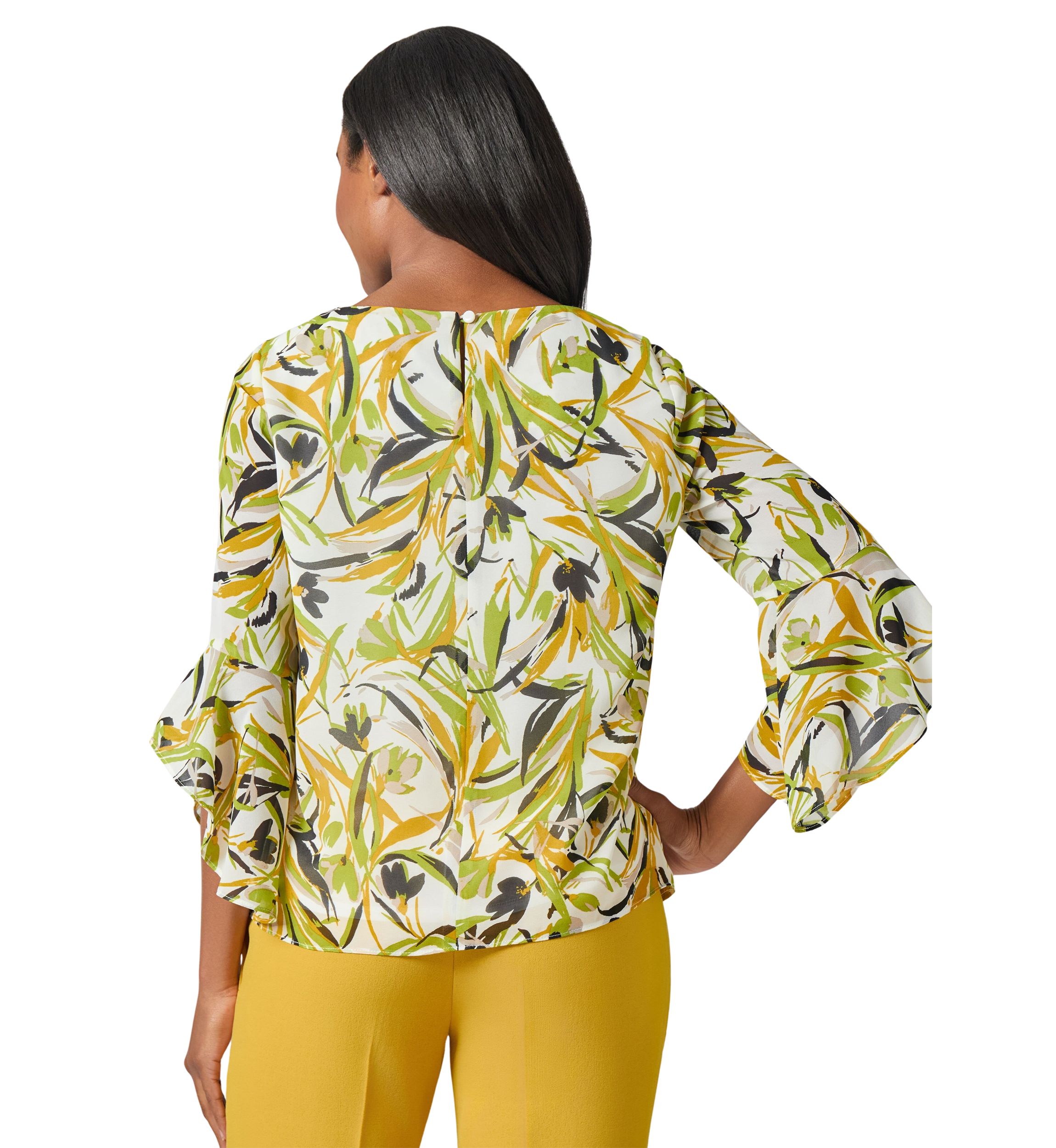 Womens Brushstroke Floral Print Ruffle Sleeve Blouse 