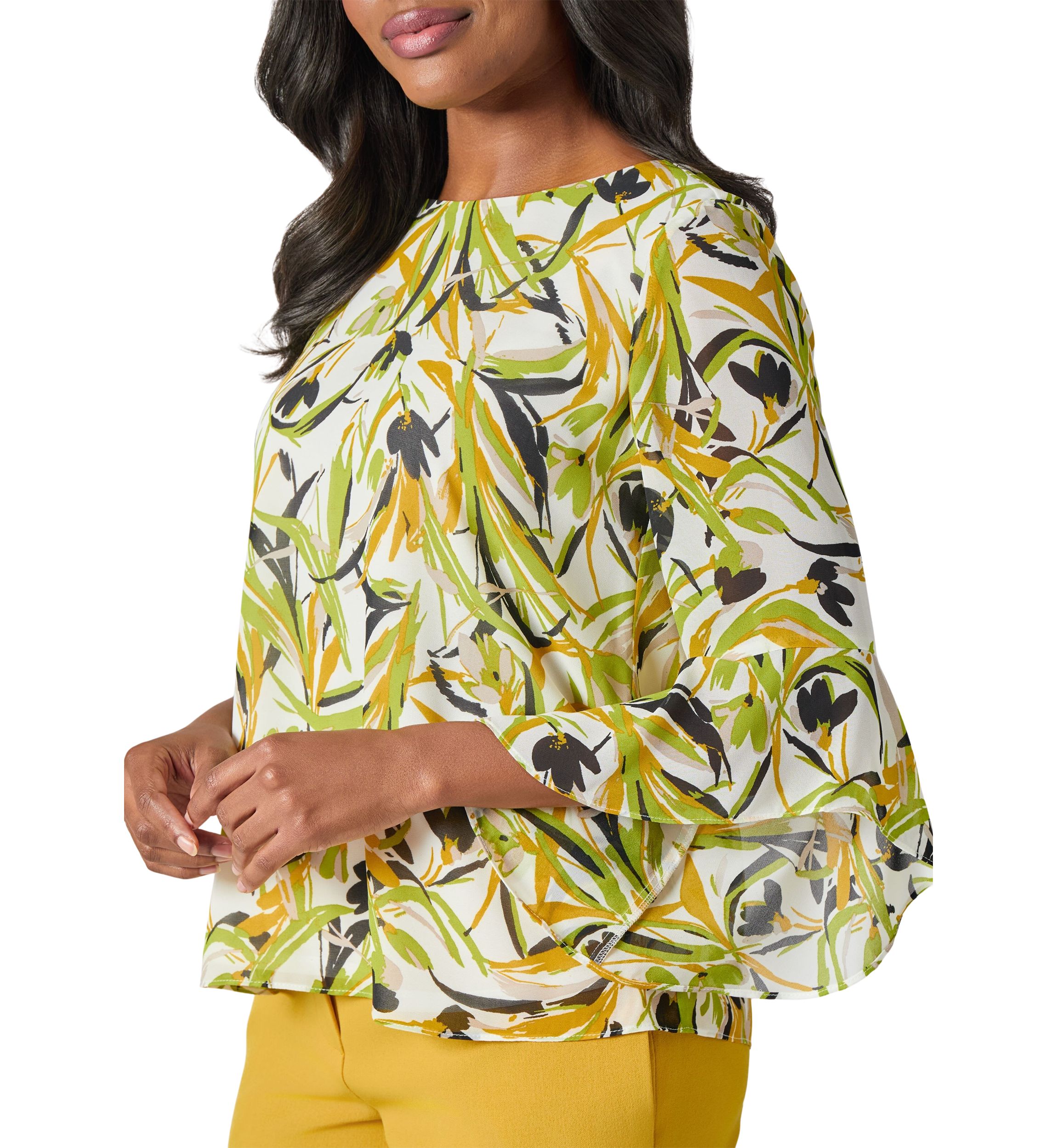 Womens Brushstroke Floral Print Ruffle Sleeve Blouse 