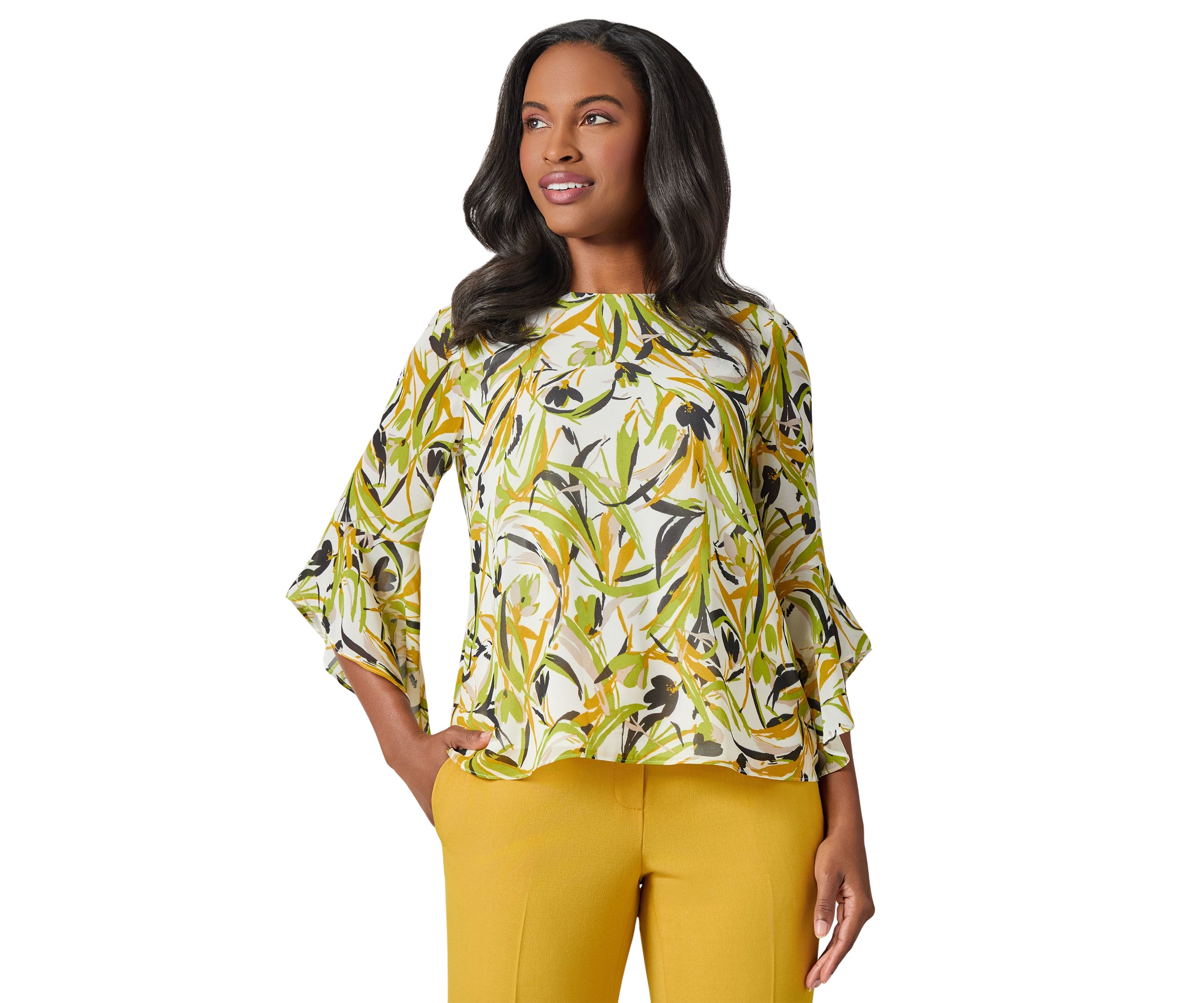 Petite Brushstroke Floral Print Ruffle Sleeve Blouse