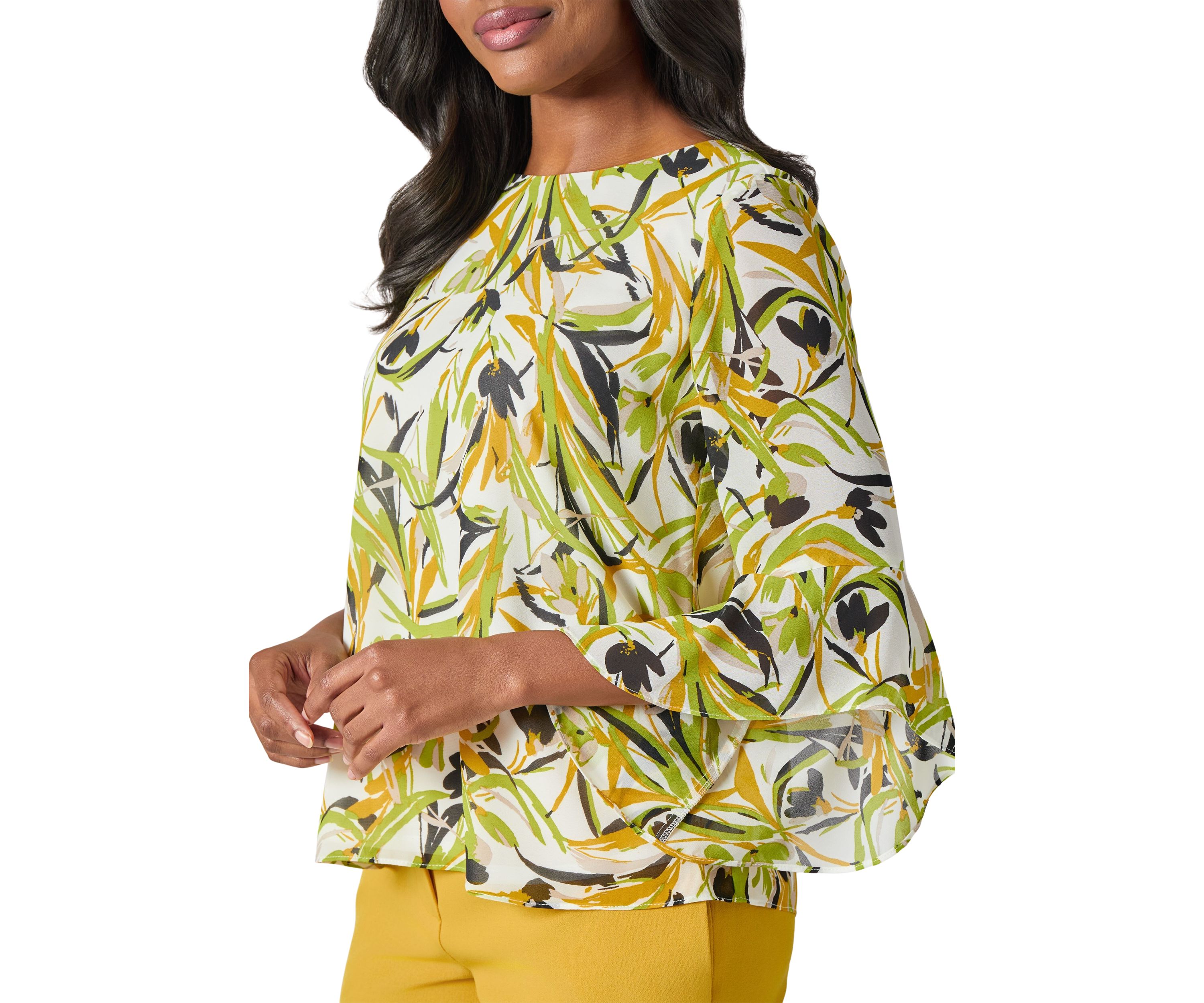 Petite Brushstroke Floral Print Ruffle Sleeve Blouse
