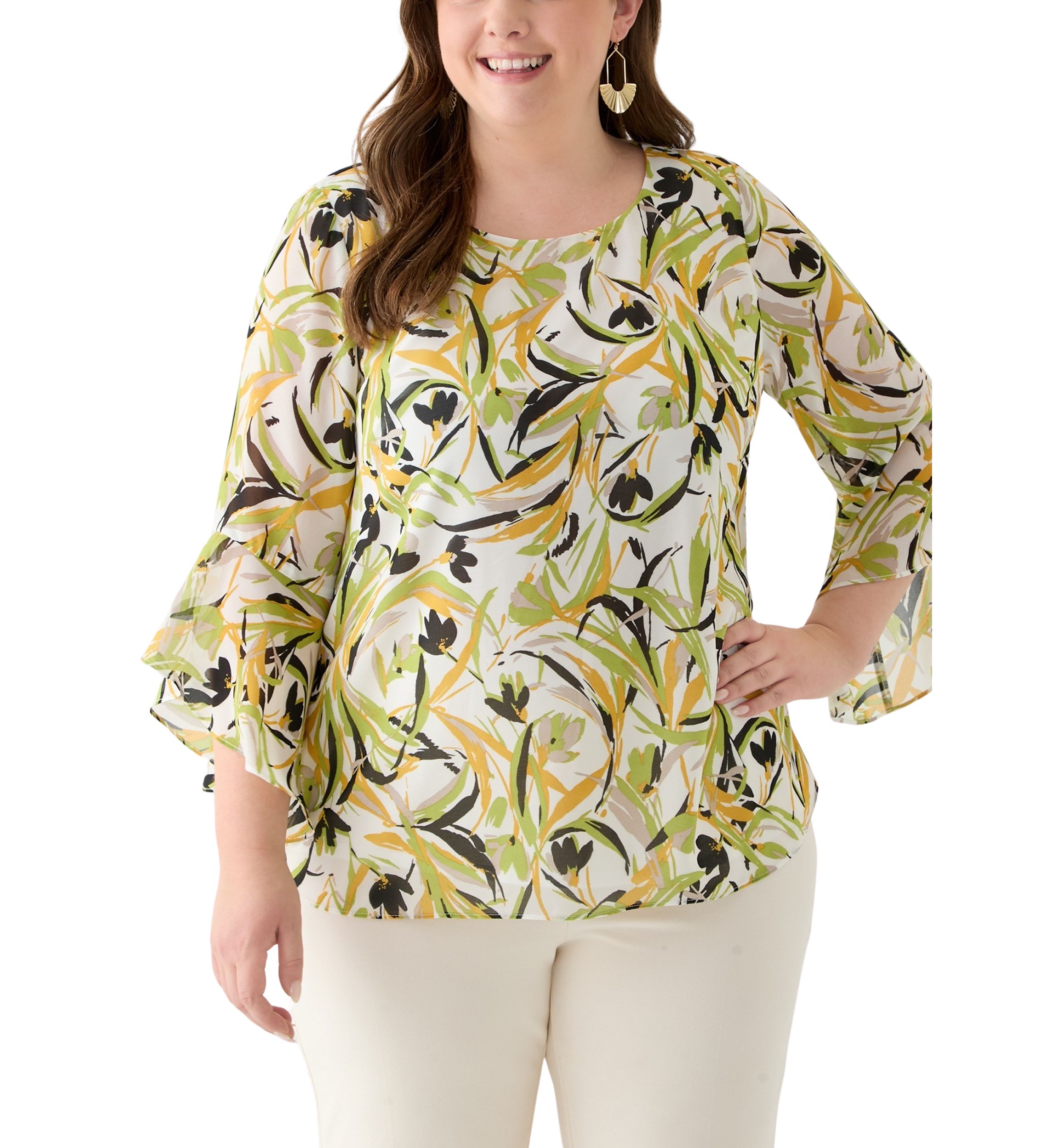 Plus Size Brushstroke Floral Print Ruffle Sleeve Blouse 
