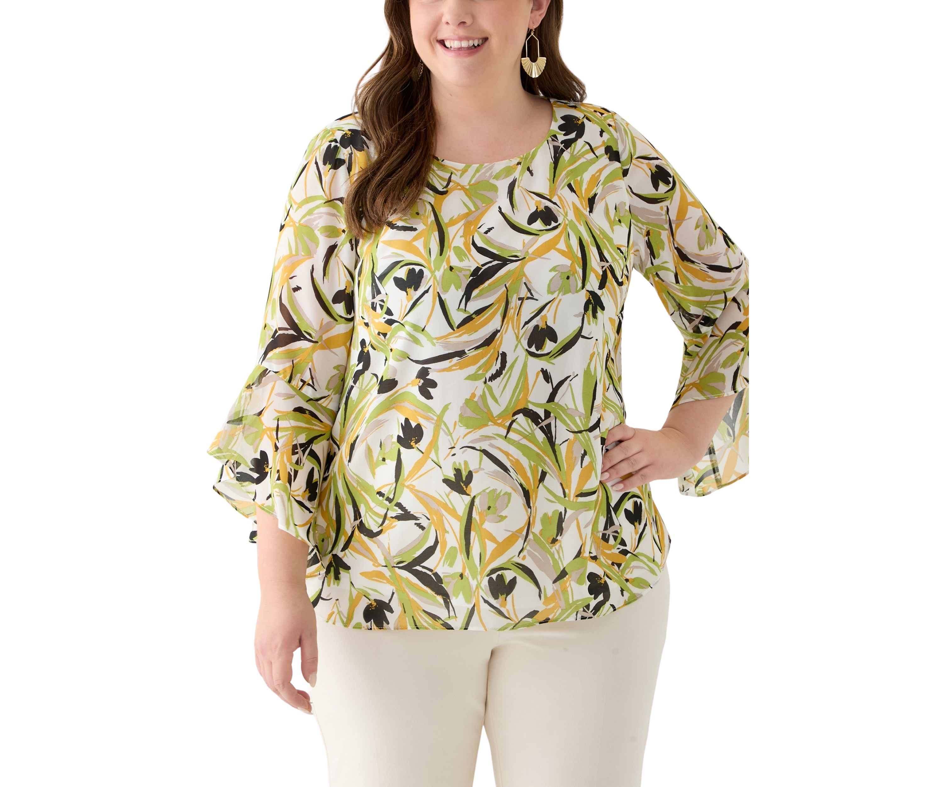 Plus Size Brushstroke Floral Print Ruffle Sleeve Blouse 
