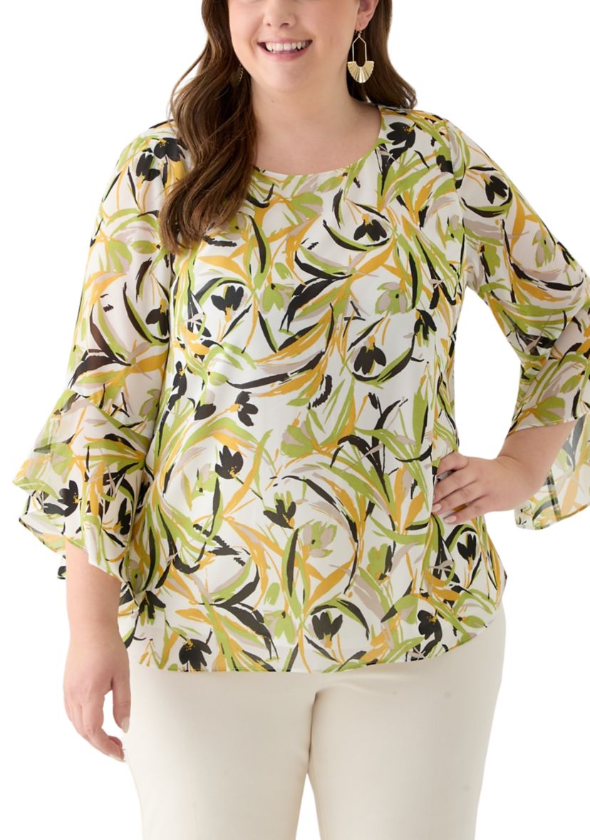 Plus Size Brushstroke Floral Print Ruffle Sleeve Blouse 