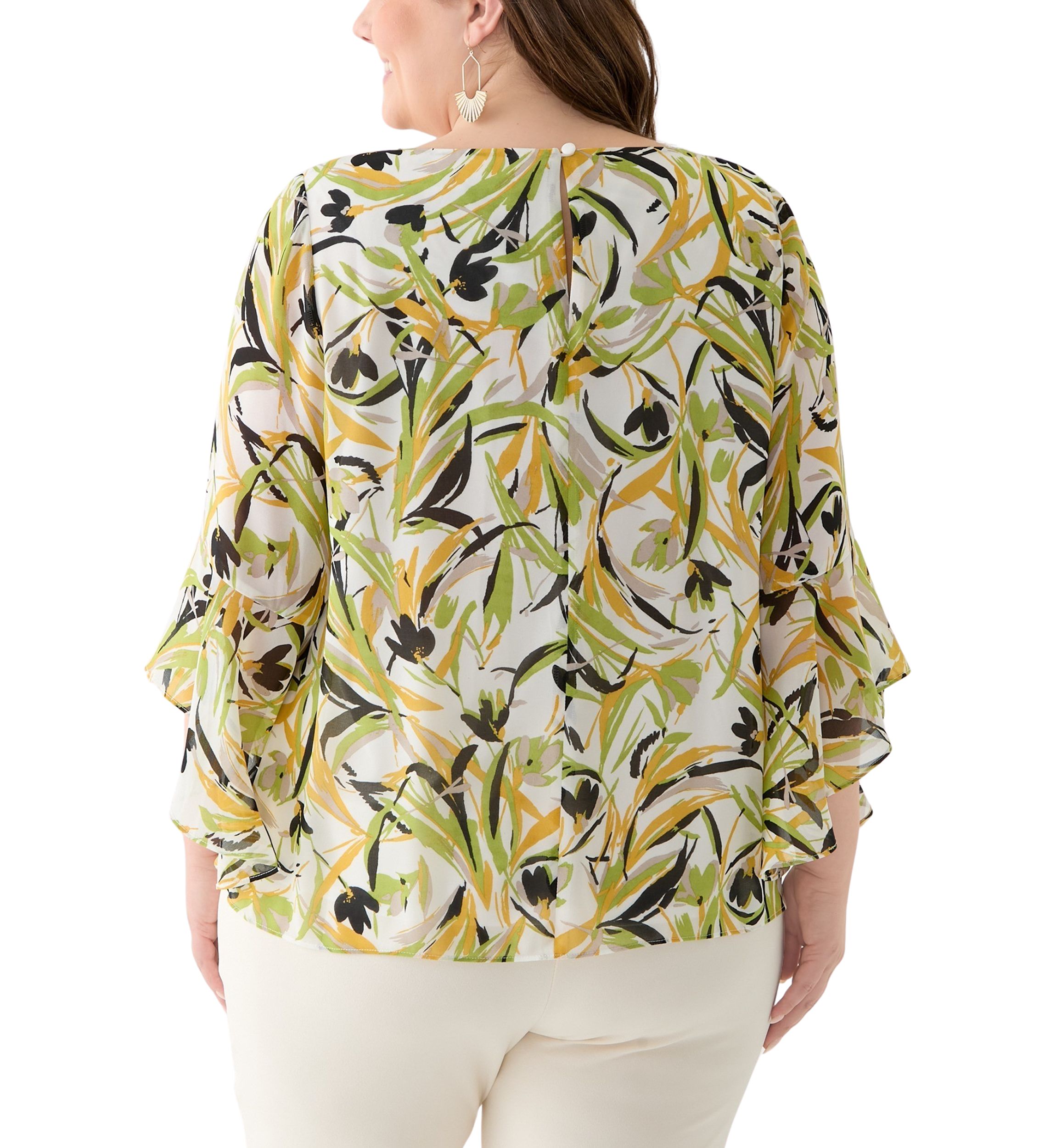 Plus Size Brushstroke Floral Print Ruffle Sleeve Blouse 
