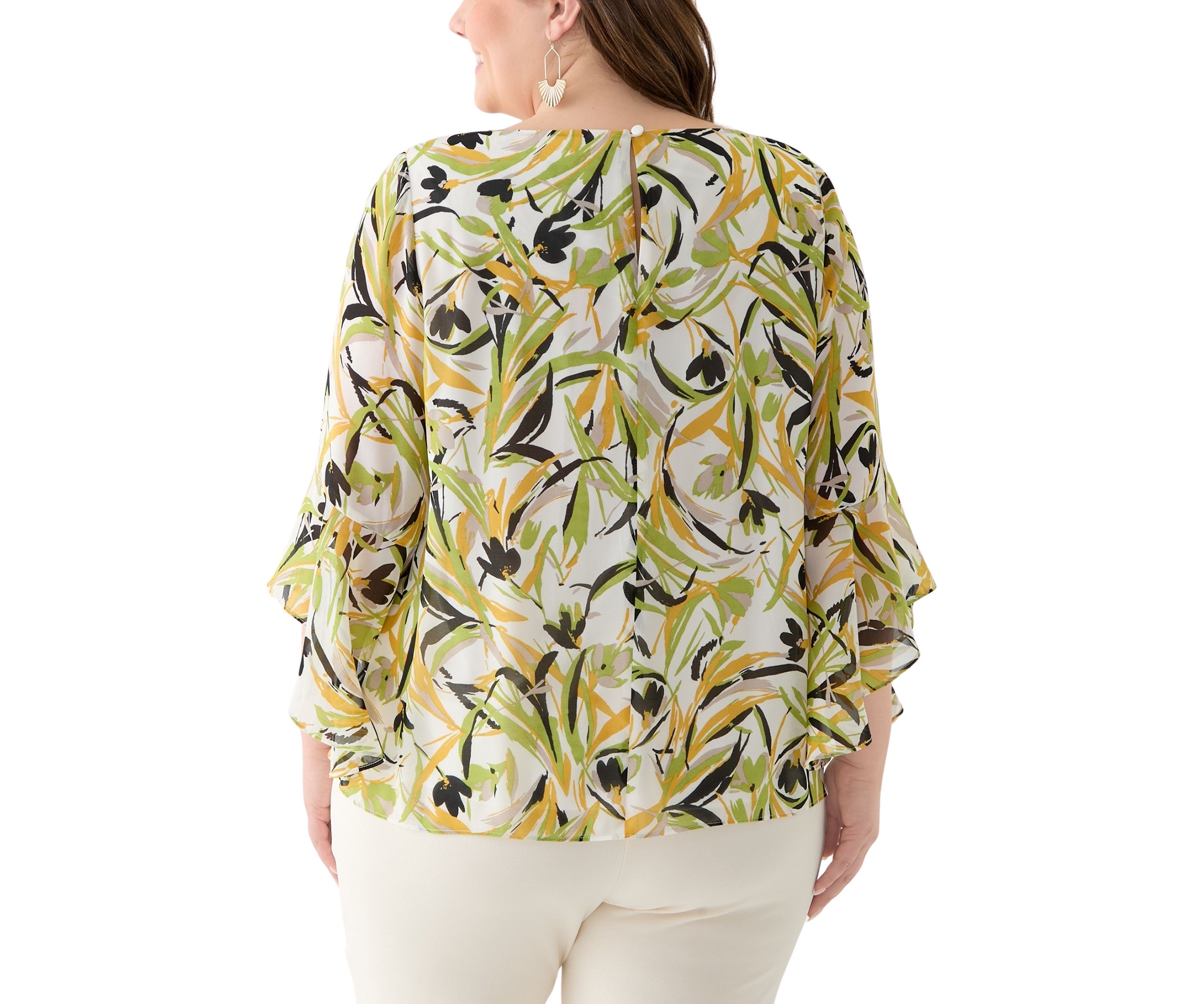 Plus Size Brushstroke Floral Print Ruffle Sleeve Blouse 