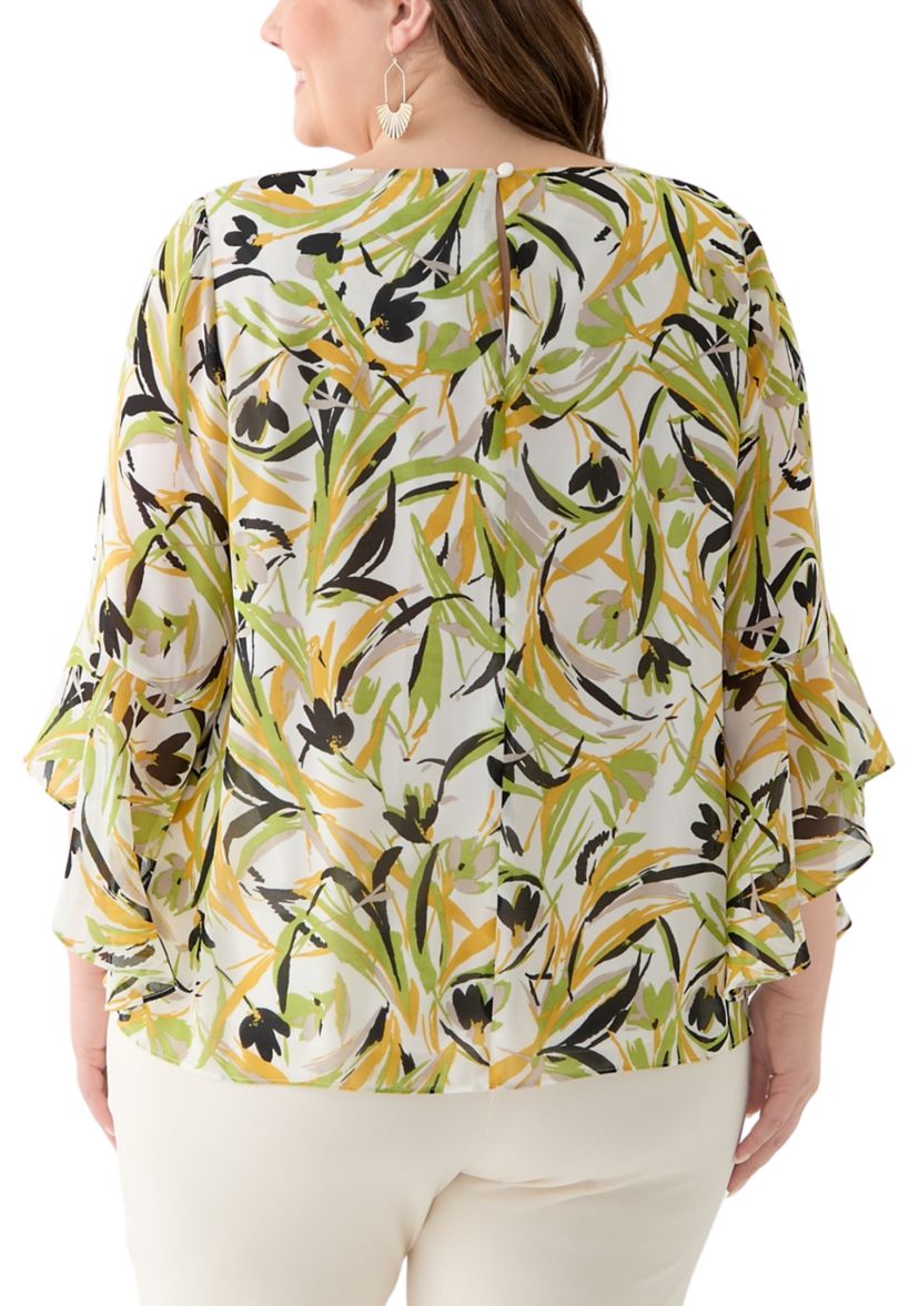Plus Size Brushstroke Floral Print Ruffle Sleeve Blouse 