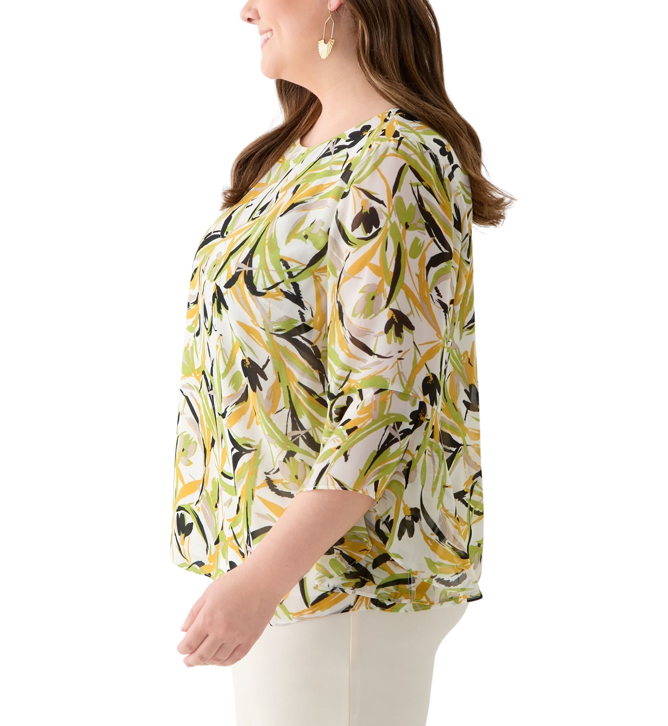 Plus Size Brushstroke Floral Print Ruffle Sleeve Blouse 