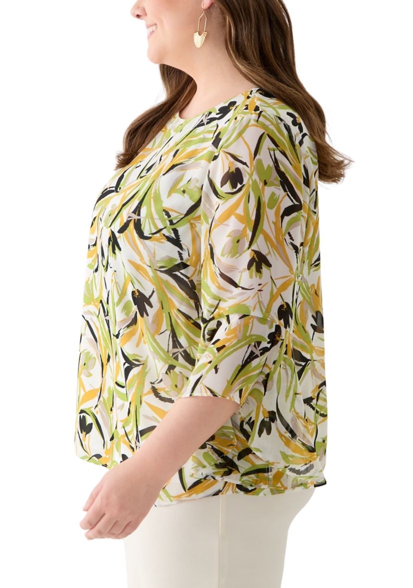 Plus Size Brushstroke Floral Print Ruffle Sleeve Blouse 