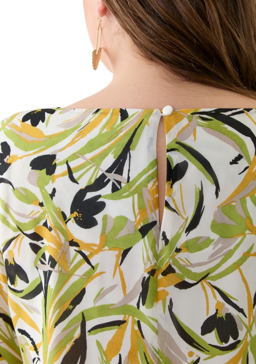 Plus Size Brushstroke Floral Print Ruffle Sleeve Blouse 