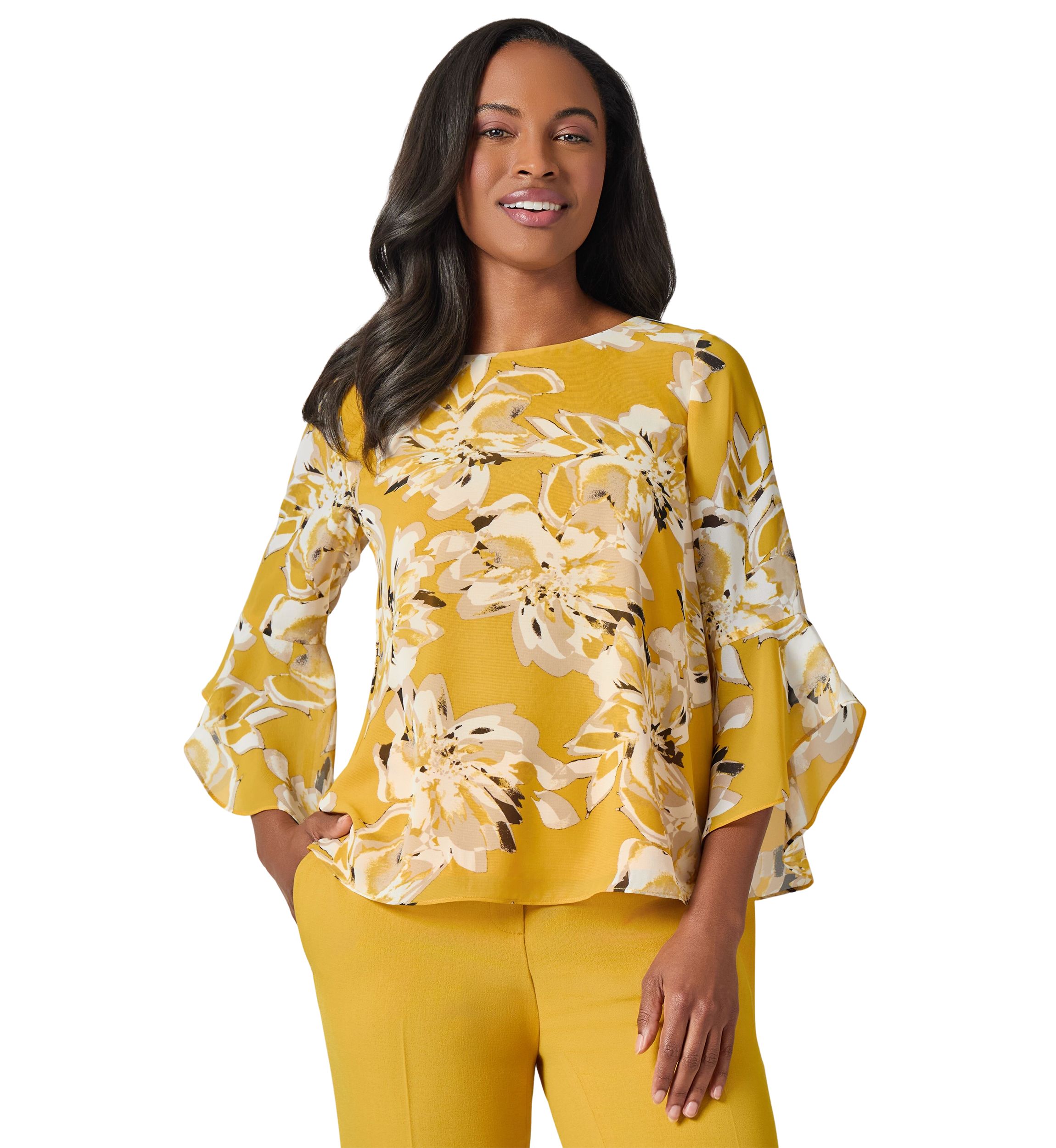 Womens Floral Print Ruffle Sleeve Blouse 