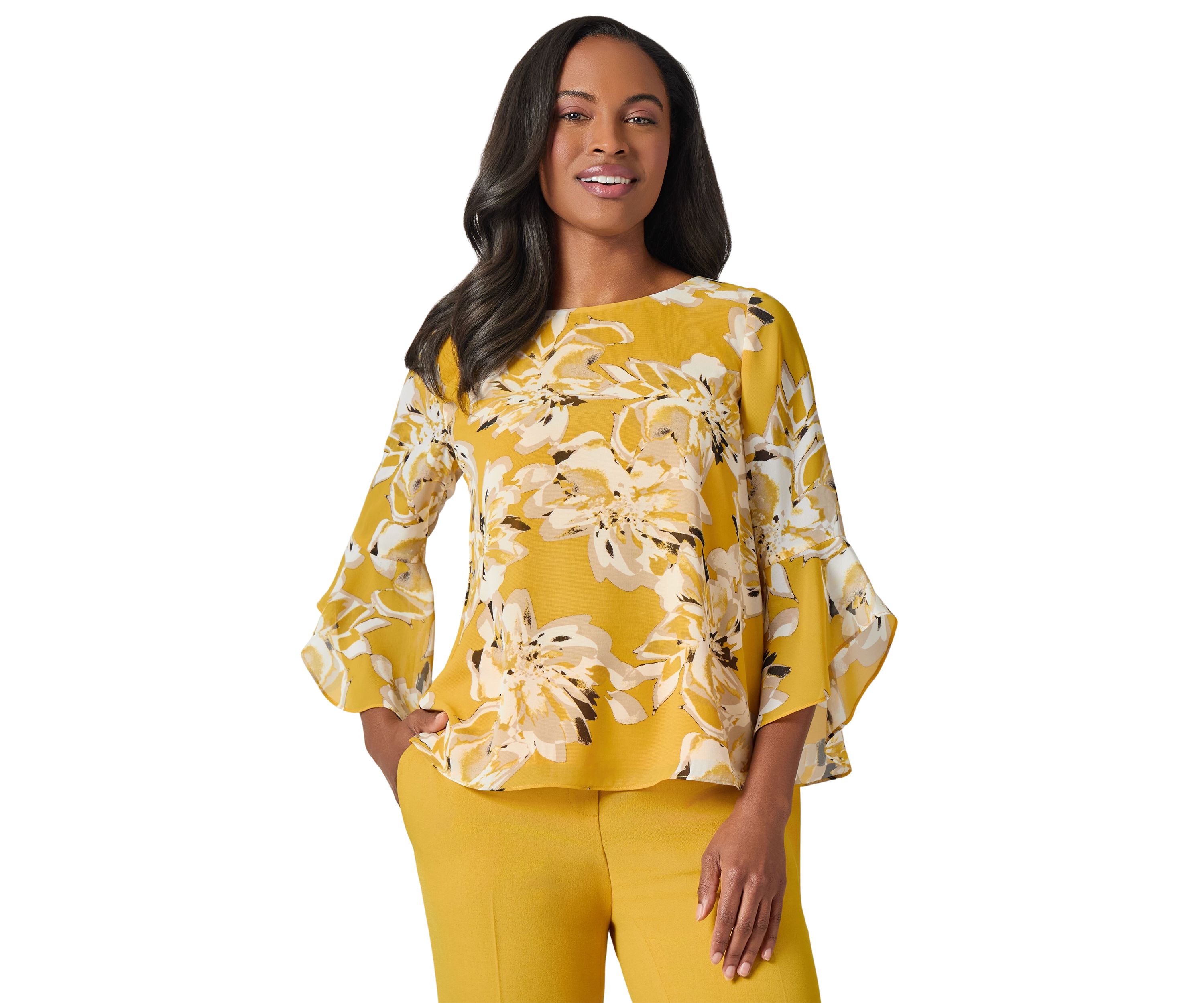 Womens Floral Print Ruffle Sleeve Blouse 