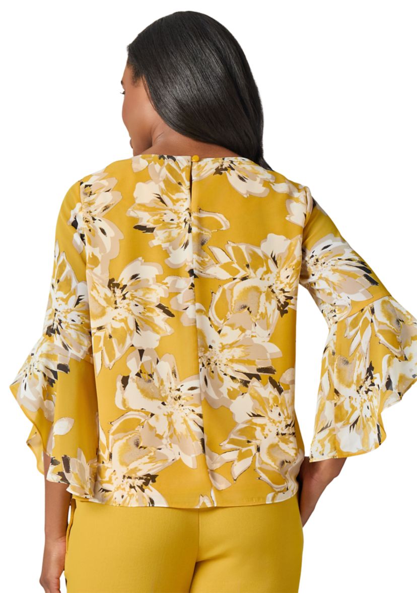 Womens Floral Print Ruffle Sleeve Blouse 
