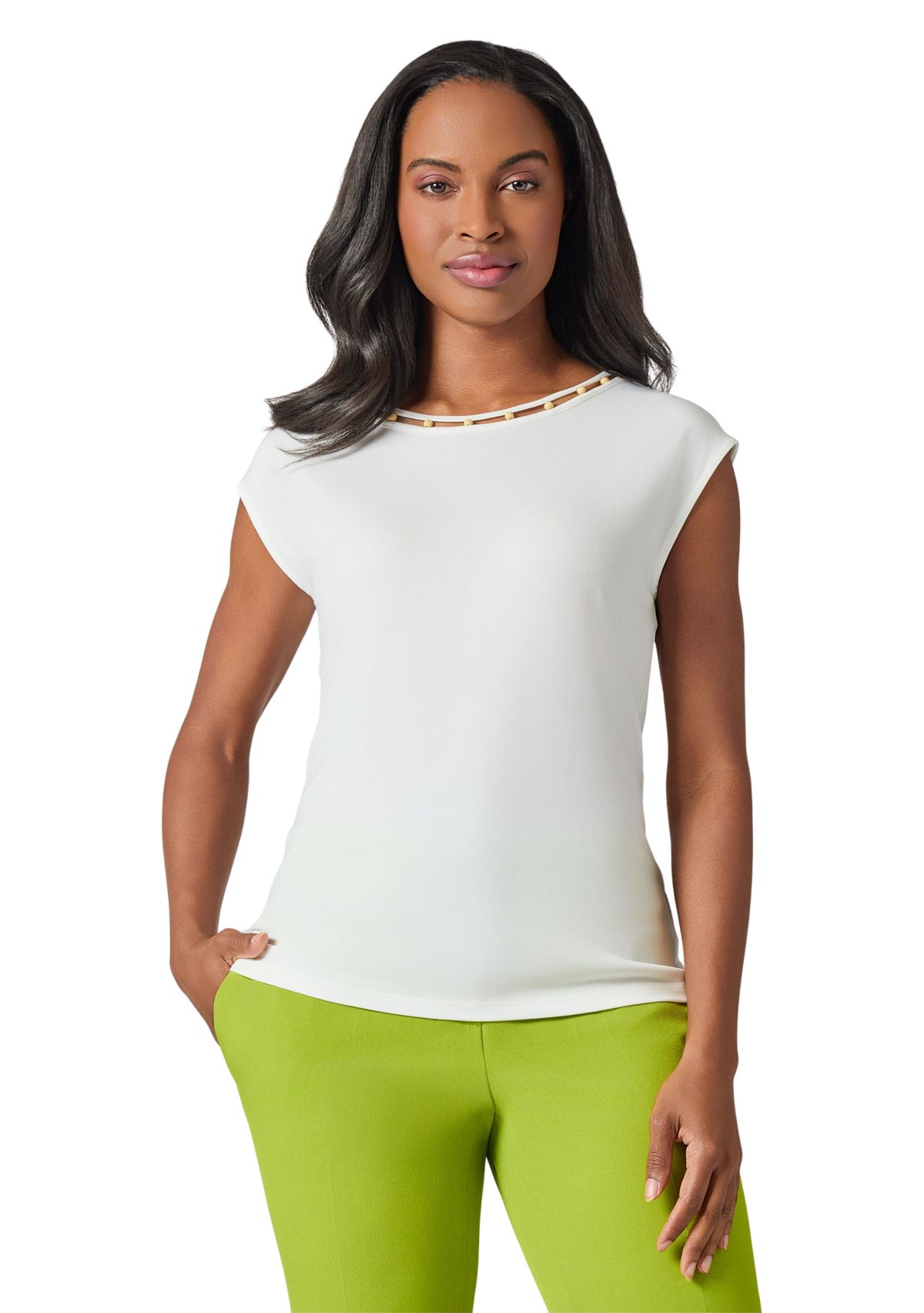 Womens Beaded Neck Cap Sleeve Top