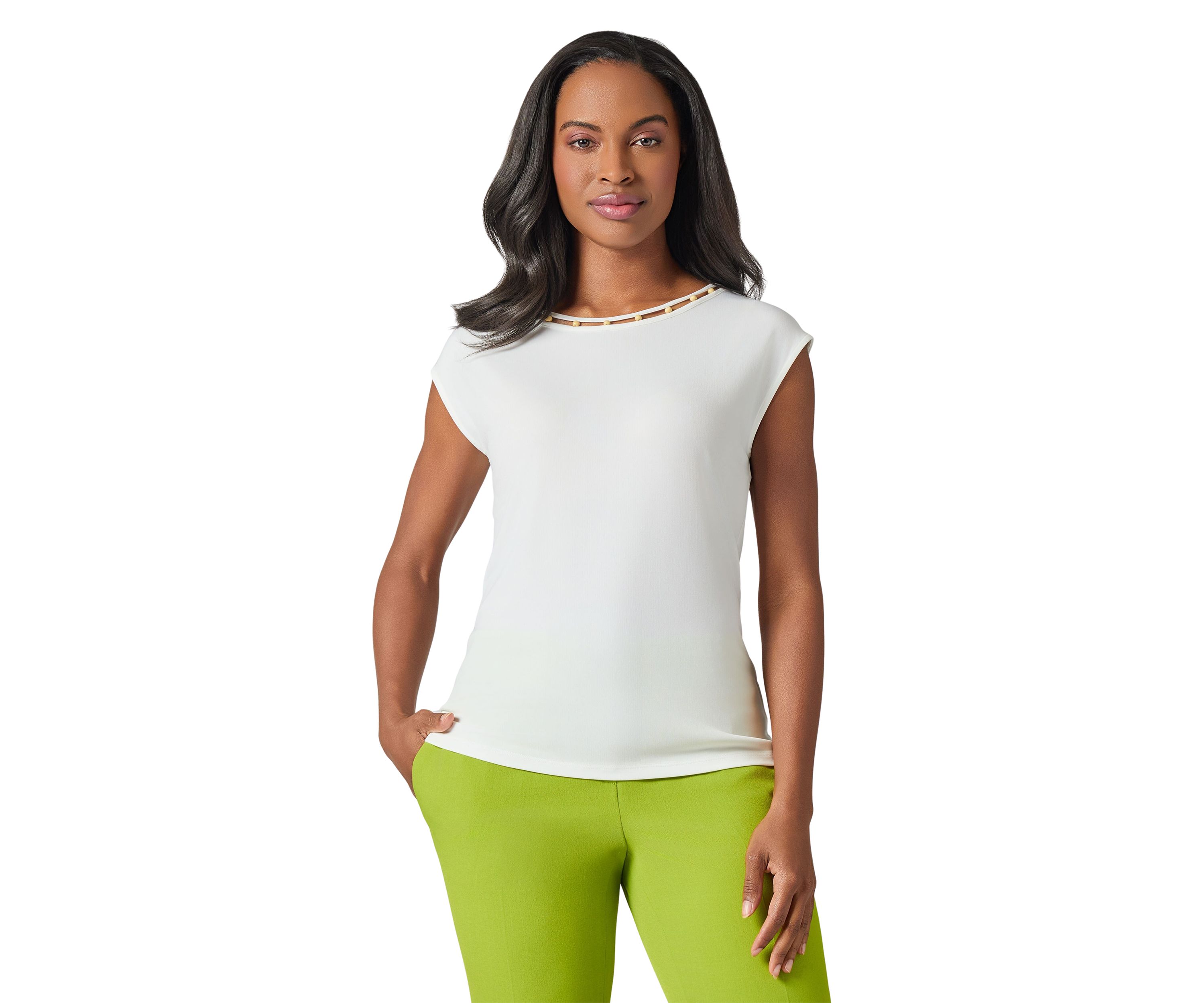 Womens Beaded Neck Cap Sleeve Top
