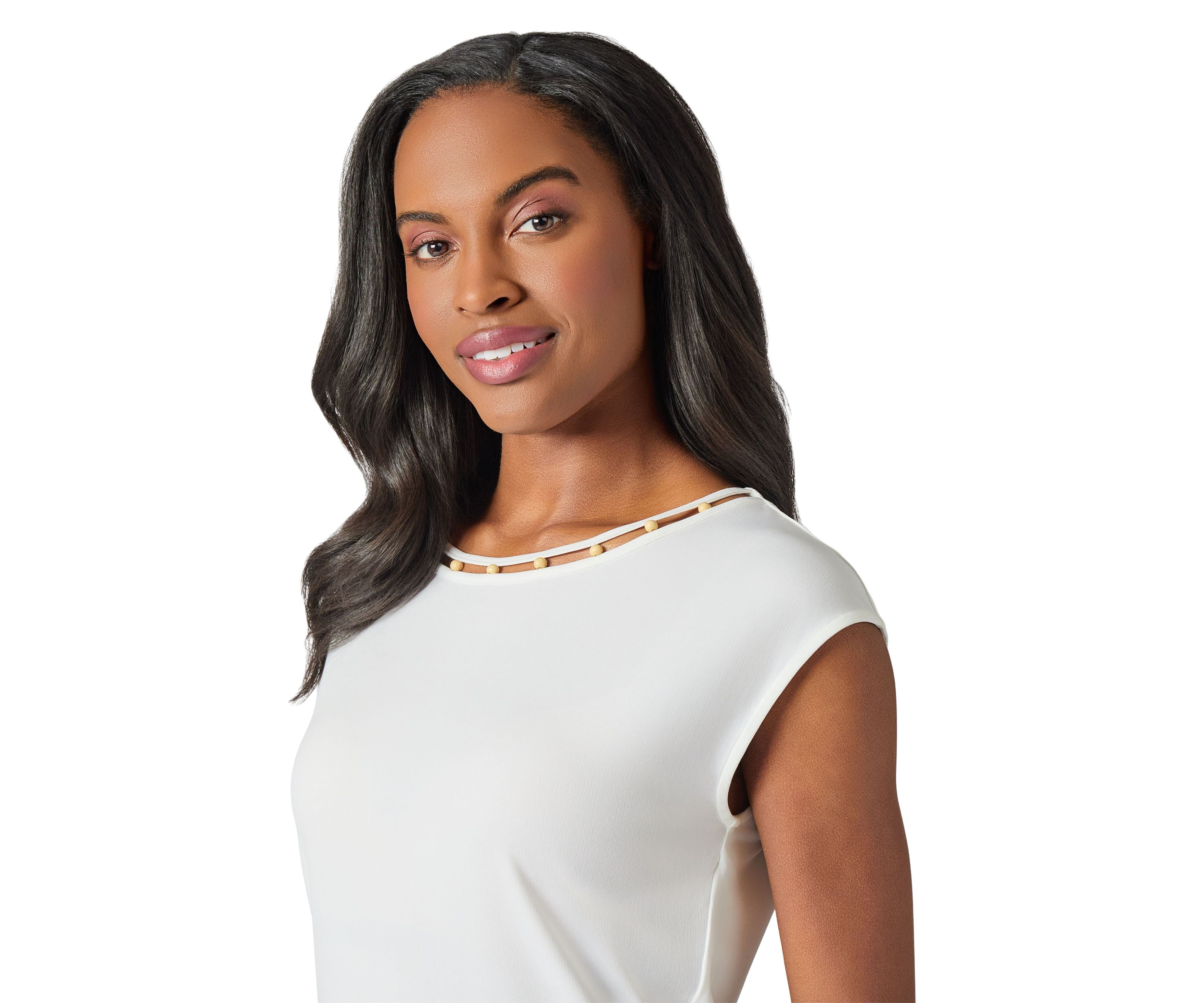 Womens Beaded Neck Cap Sleeve Top