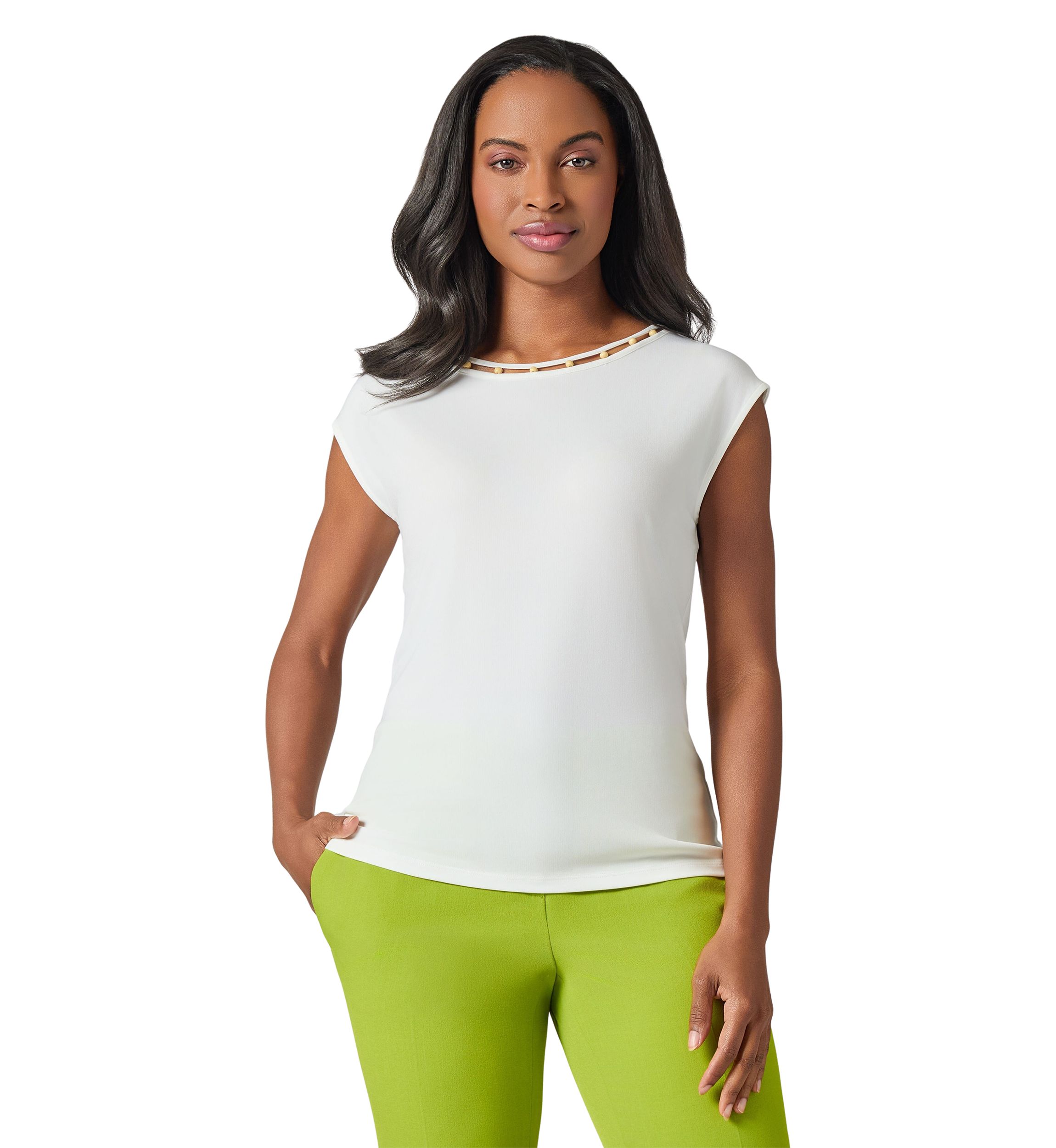Petite Beaded Neck Extended Shoulder Top
