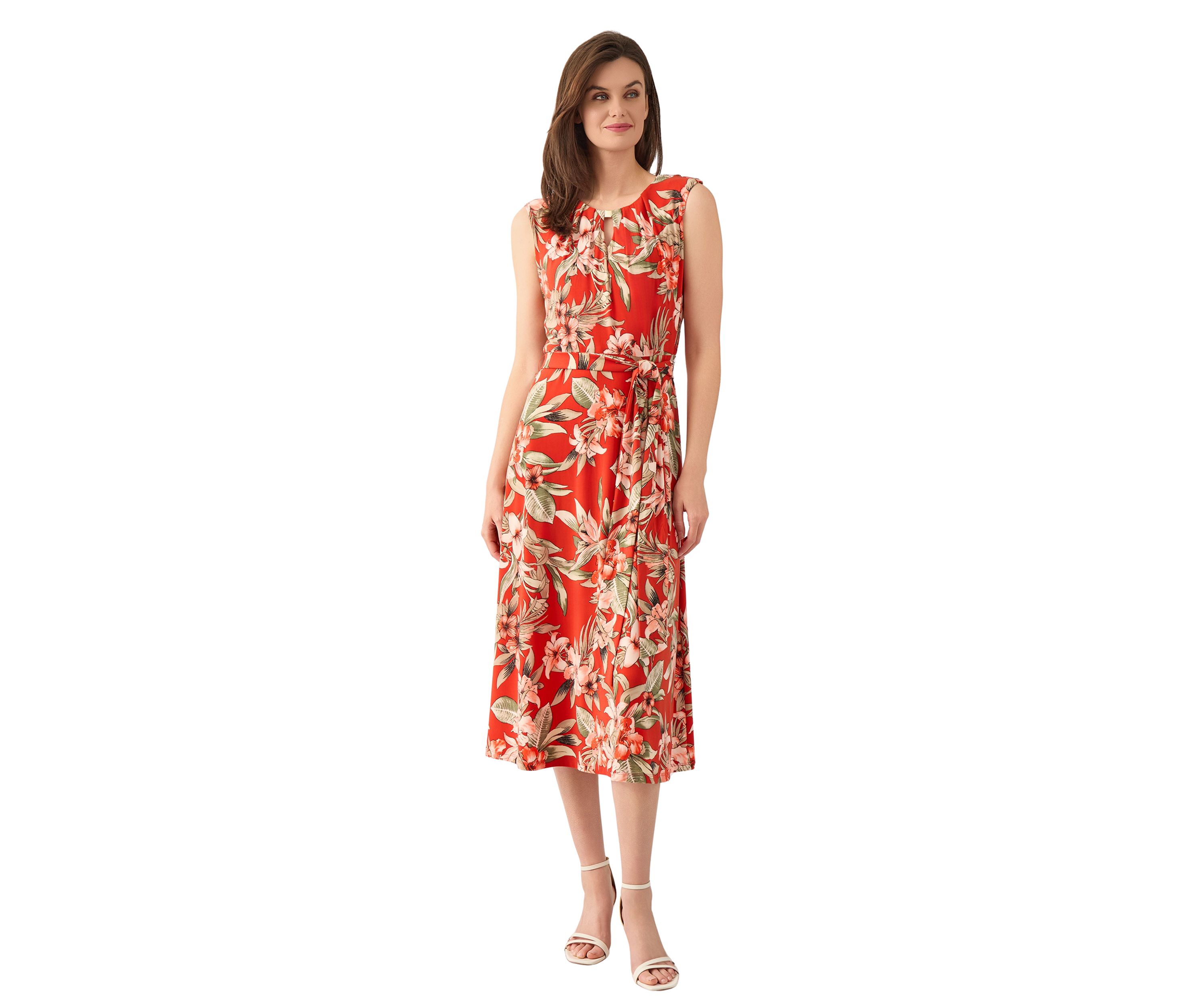 Womens Sleeveless Fit and Flare Pleat Neck Dress