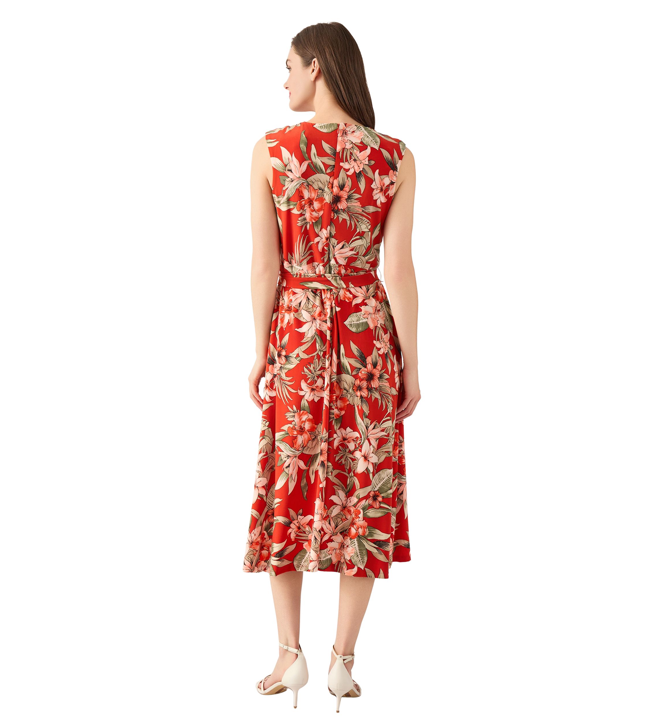 Womens Sleeveless Fit and Flare Pleat Neck Dress