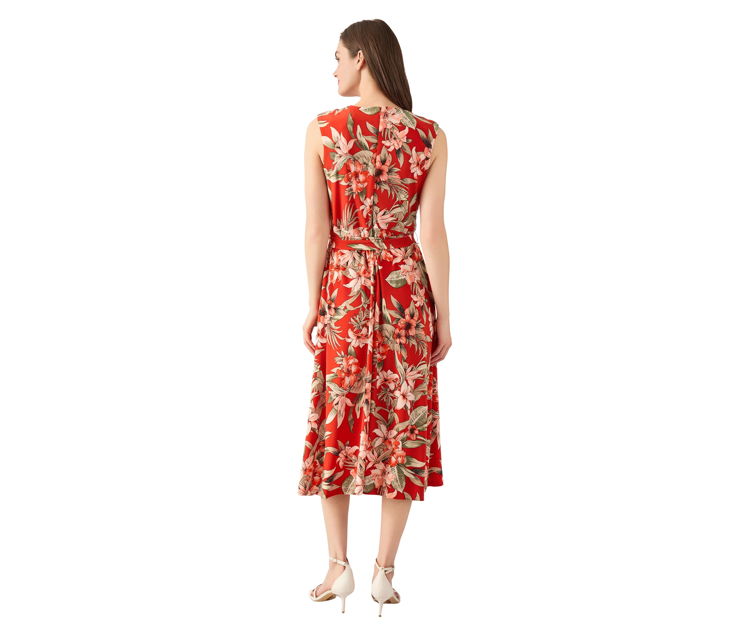Womens Sleeveless Fit and Flare Pleat Neck Dress